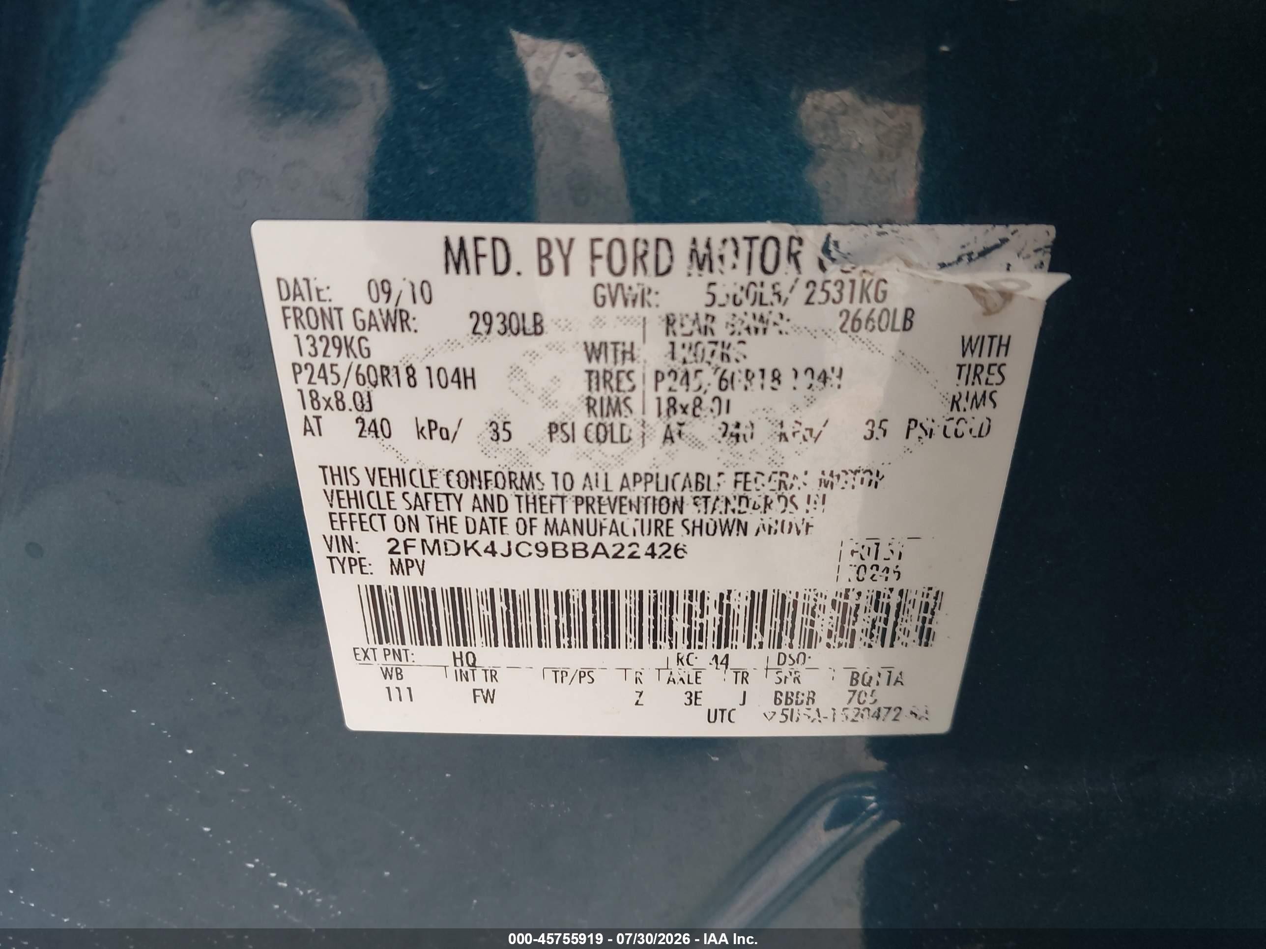 2011 Ford Edge Sel Синий vin: 2FMDK4JC9BBA22426