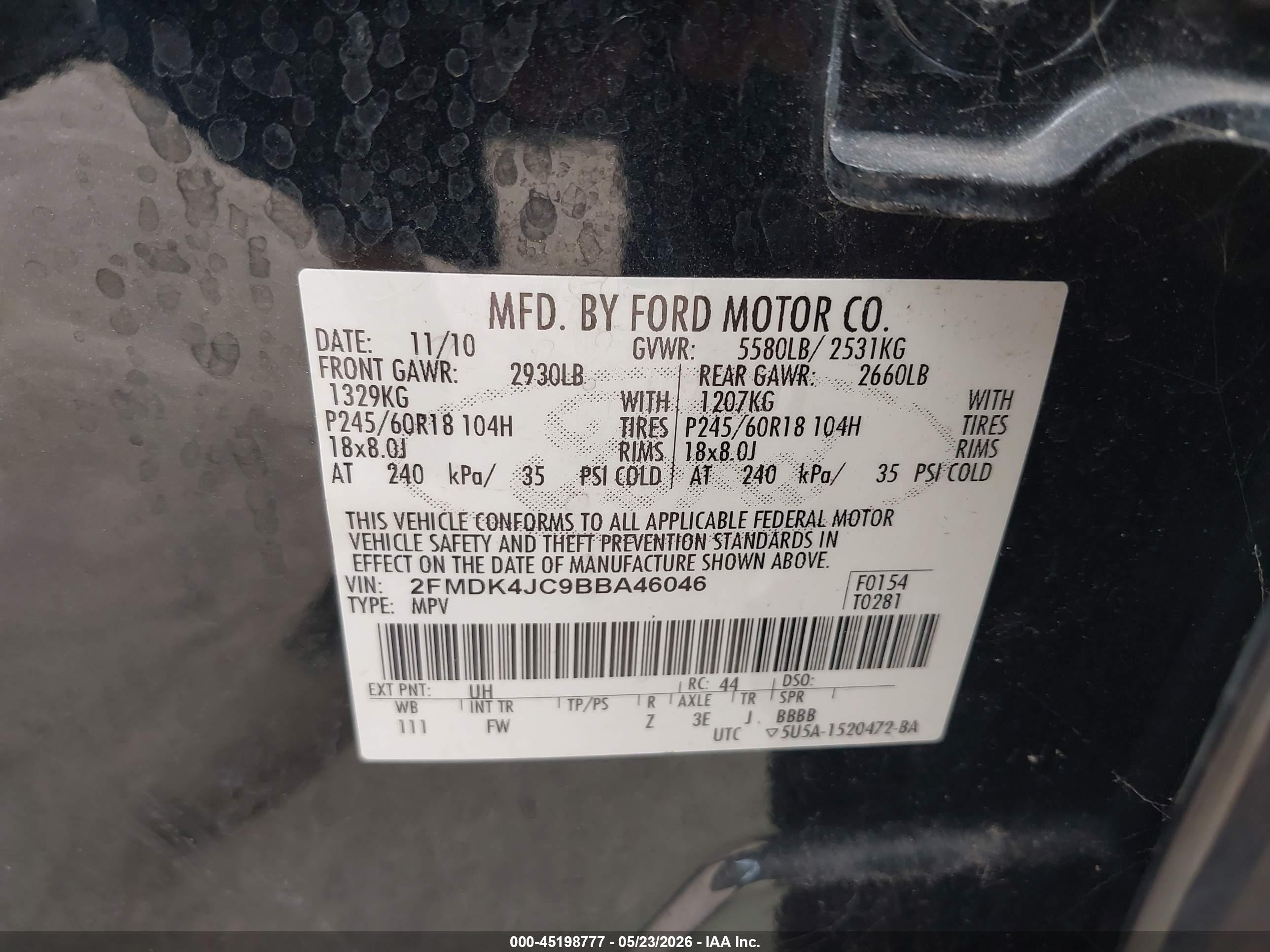 2011 Ford Edge Sel Black vin: 2FMDK4JC9BBA46046