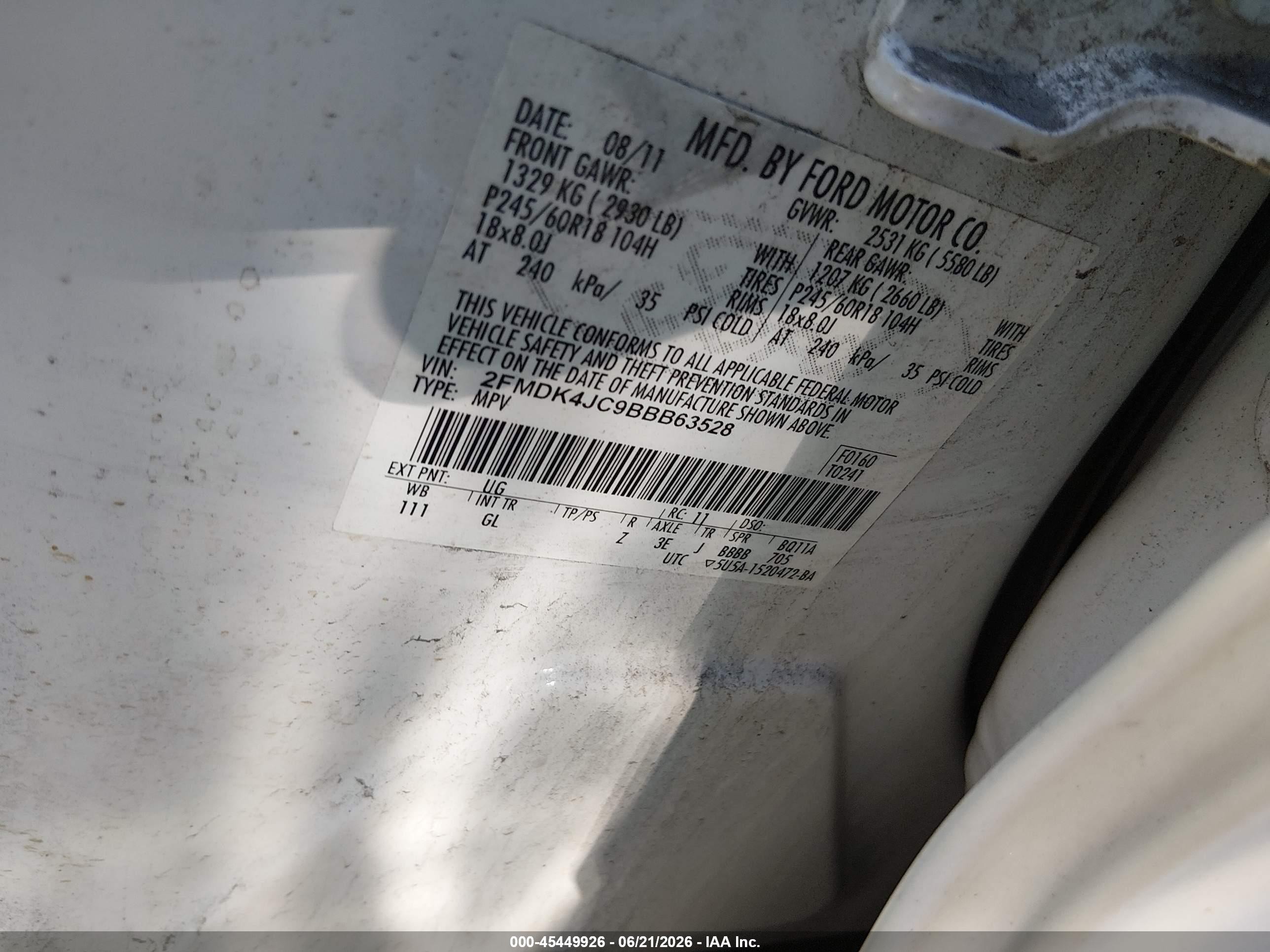 2011 Ford Edge Sel White vin: 2FMDK4JC9BBB63528