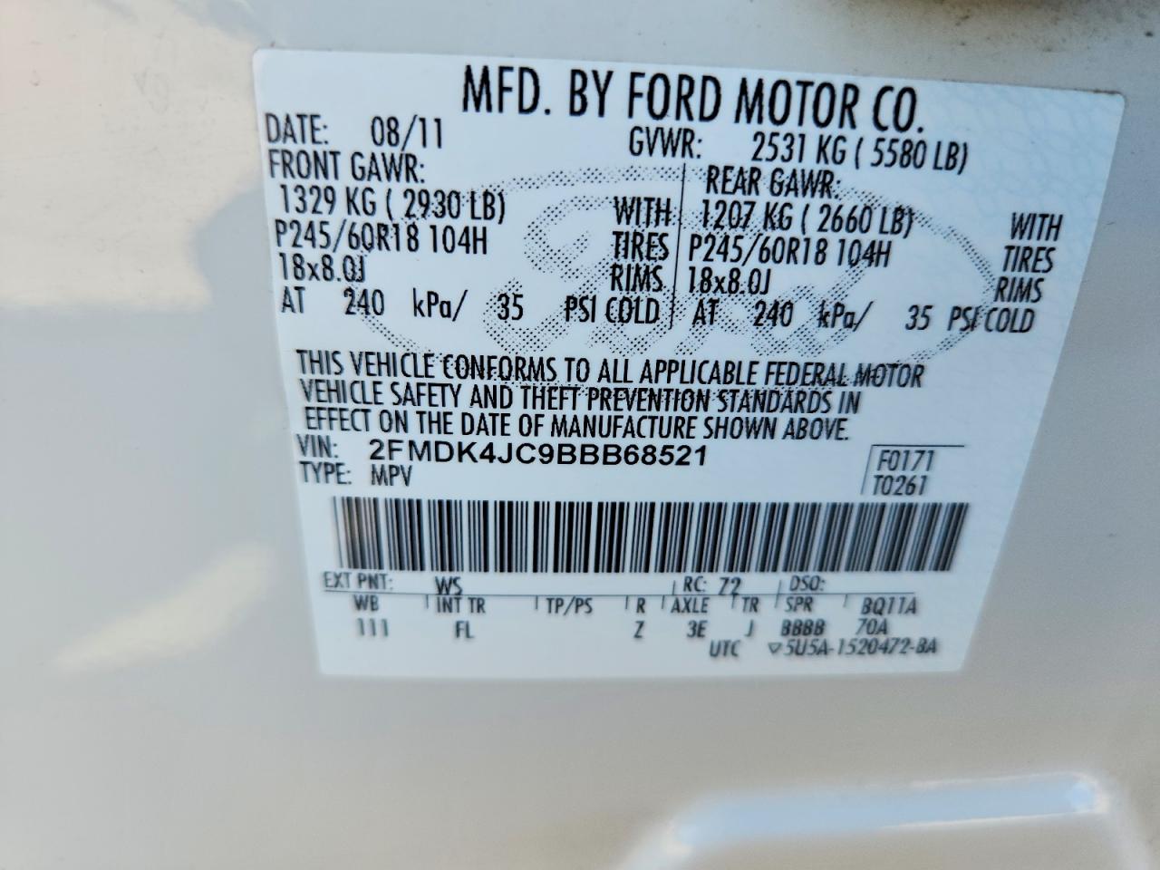 2011 Ford Edge Sel White vin: 2FMDK4JC9BBB68521