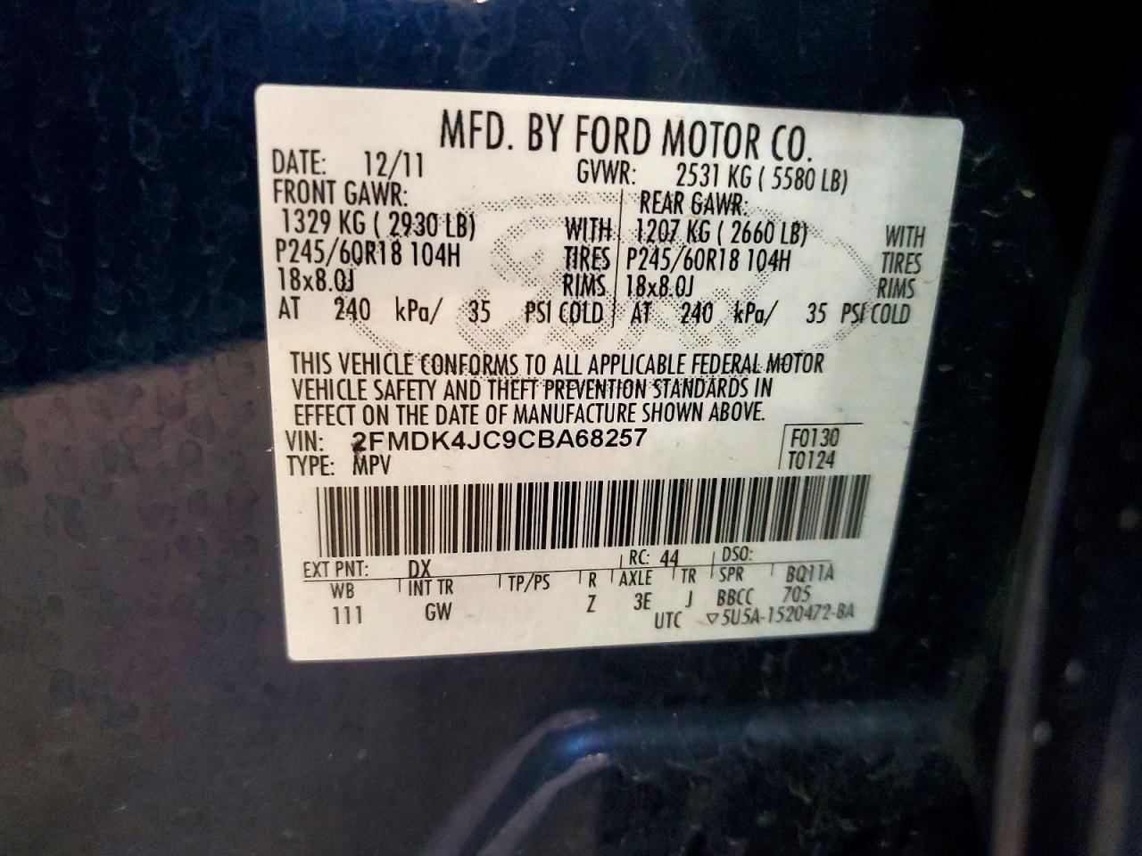 2012 Ford Edge Sel Синий vin: 2FMDK4JC9CBA68257