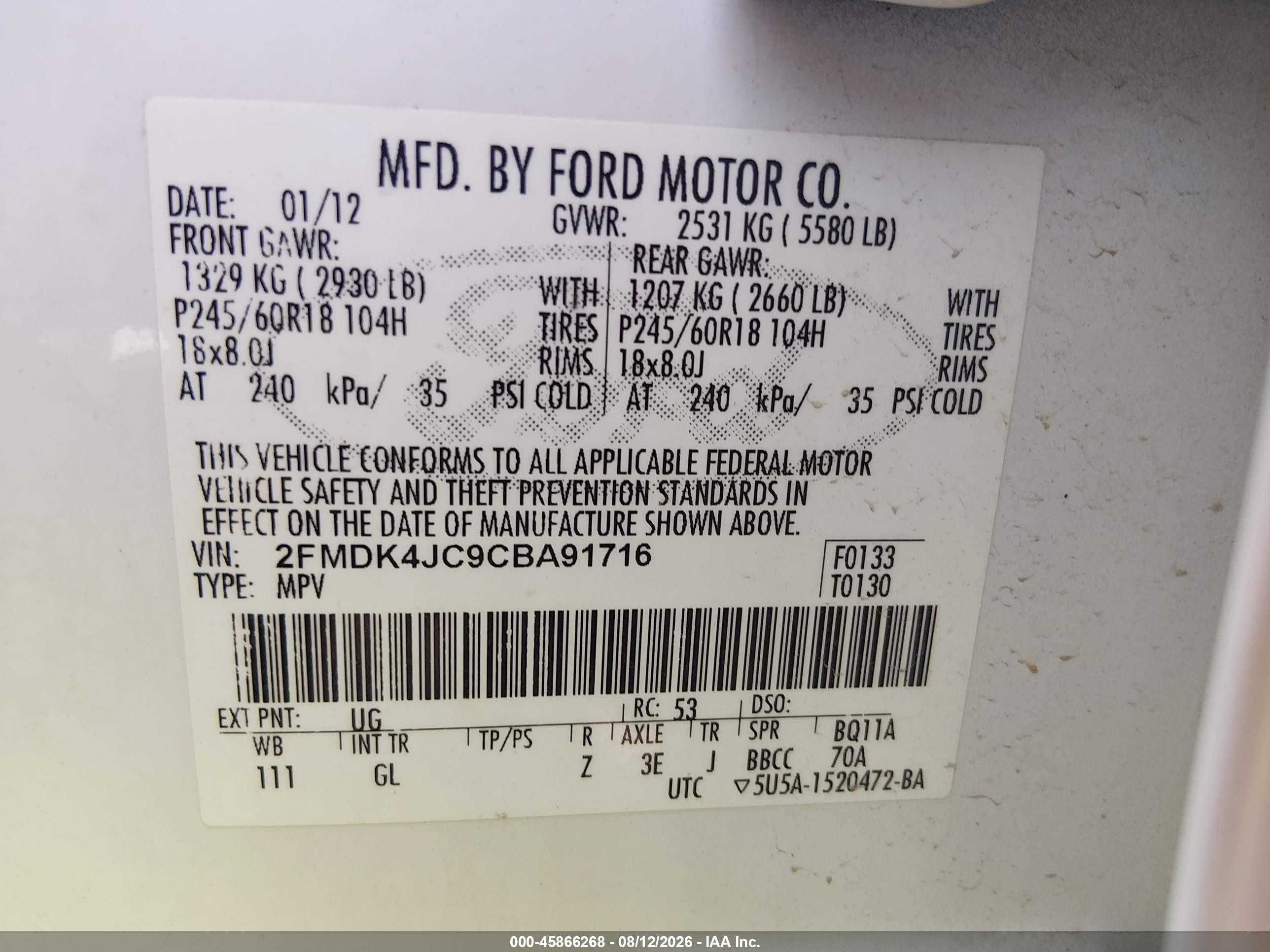 2012 Ford Edge Sel White vin: 2FMDK4JC9CBA91716