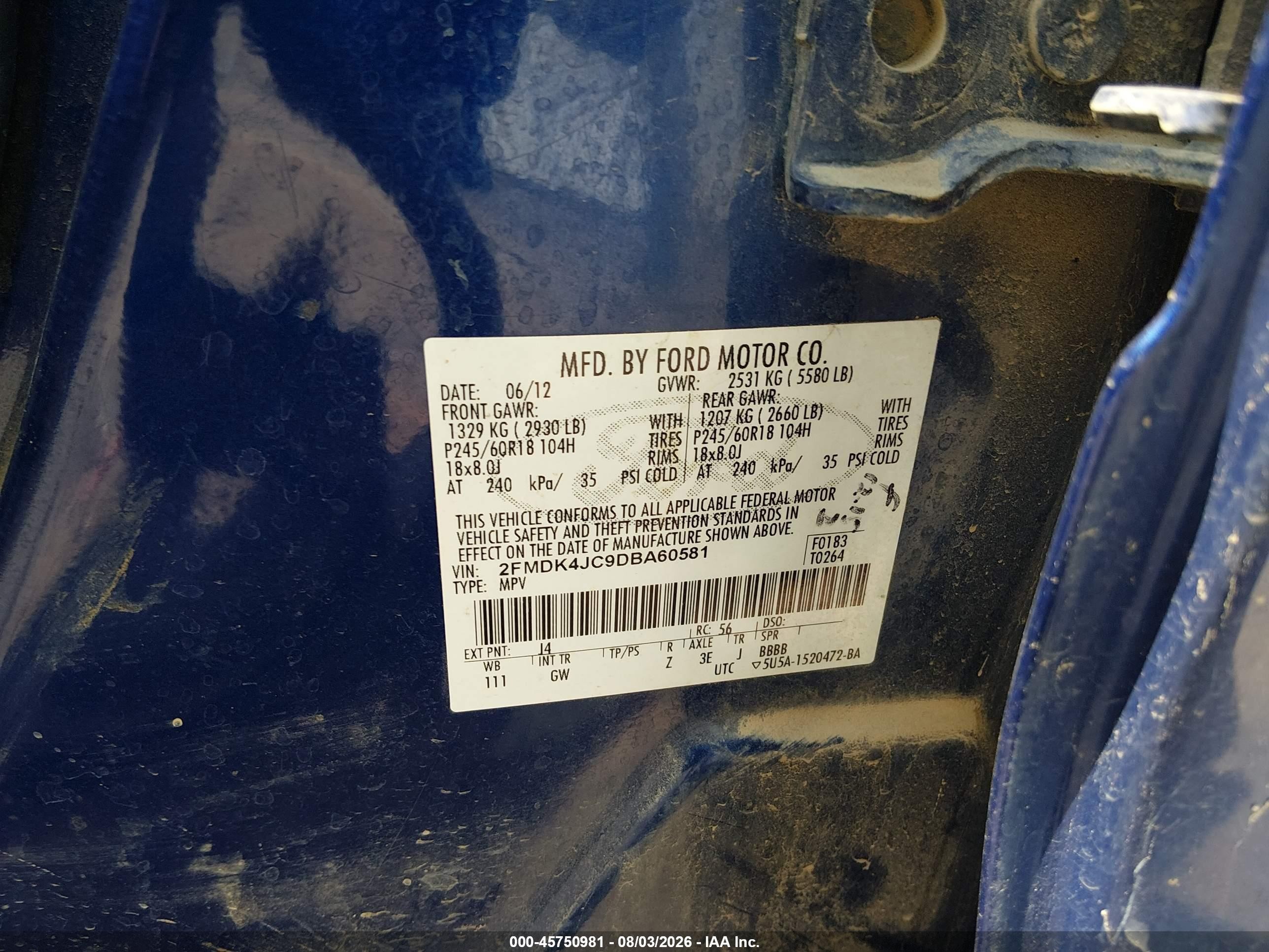 2013 Ford Edge Sel Blue vin: 2FMDK4JC9DBA60581