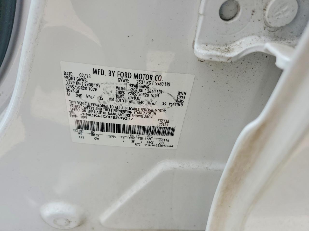 2013 Ford Edge Sel White vin: 2FMDK4JC9DBB89212