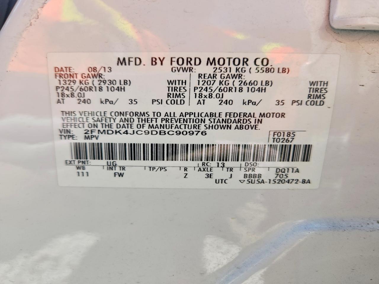 2013 Ford Edge Sel White vin: 2FMDK4JC9DBC90976