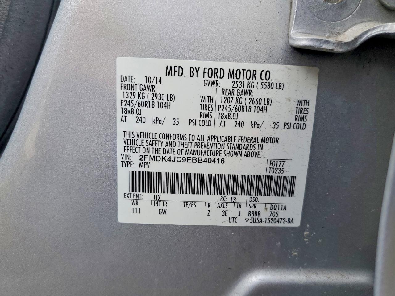 2014 Ford Edge Sel Silver vin: 2FMDK4JC9EBB40416