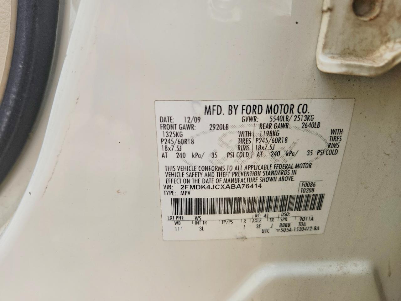 2010 Ford Edge Sel White vin: 2FMDK4JCXABA76414