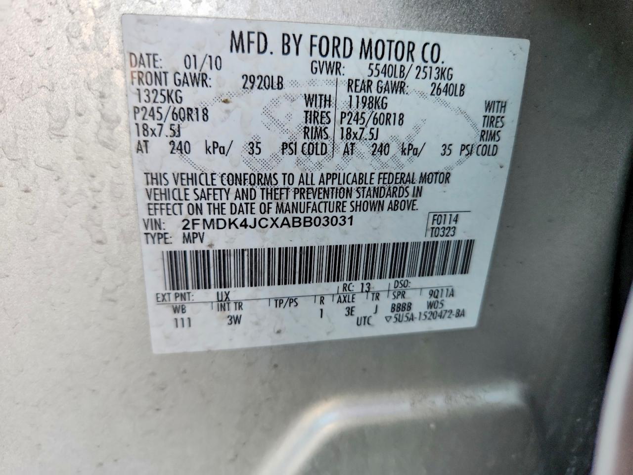 2010 Ford Edge Sel Silver vin: 2FMDK4JCXABB03031