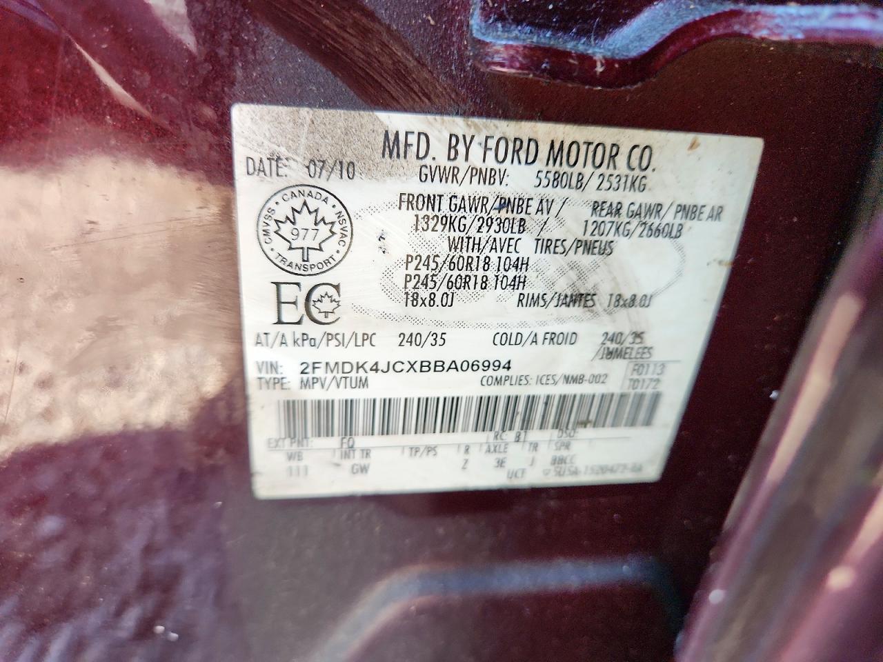 2011 Ford Edge Sel Maroon vin: 2FMDK4JCXBBA06994