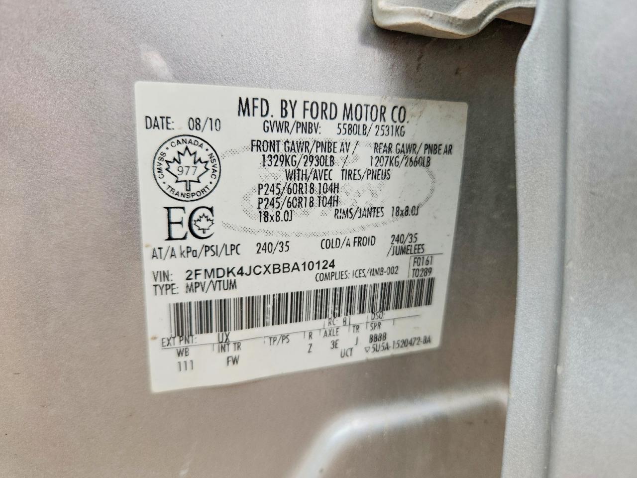 2011 Ford Edge Sel Silver vin: 2FMDK4JCXBBA10124