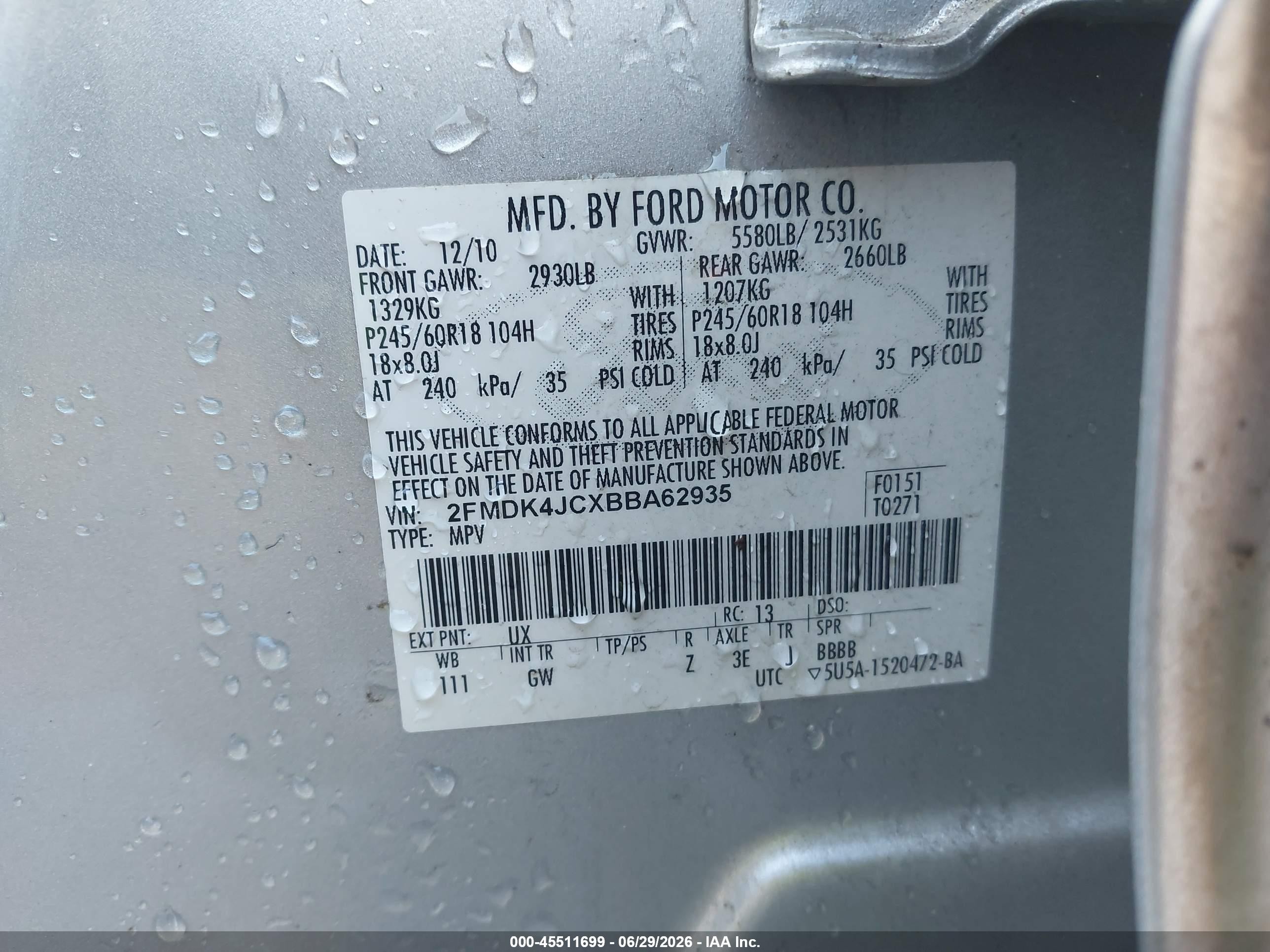 2011 Ford Edge Sel Серебряный vin: 2FMDK4JCXBBA62935