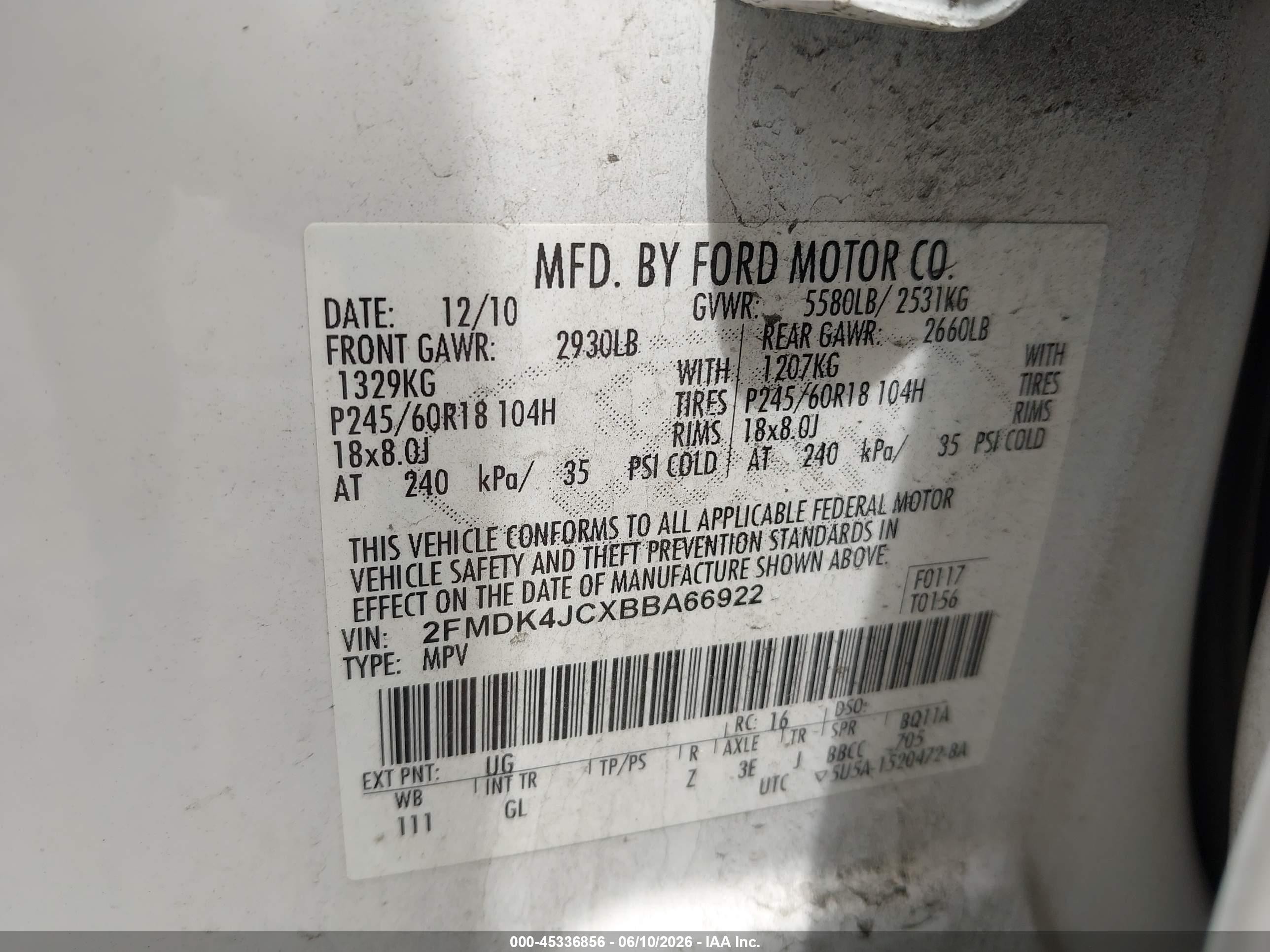 2011 Ford Edge Sel White vin: 2FMDK4JCXBBA66922