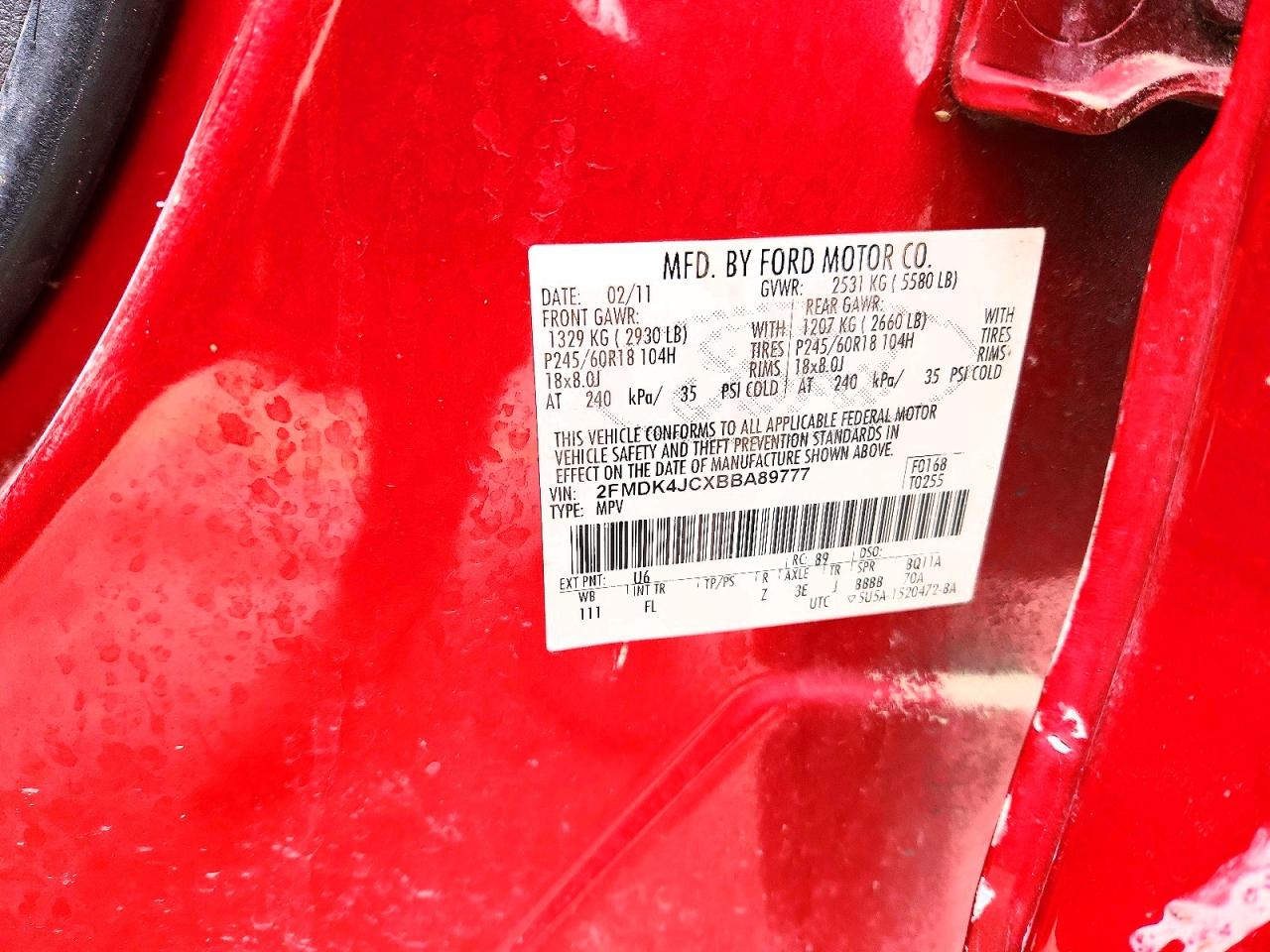 2011 Ford Edge Sel Red vin: 2FMDK4JCXBBA89777