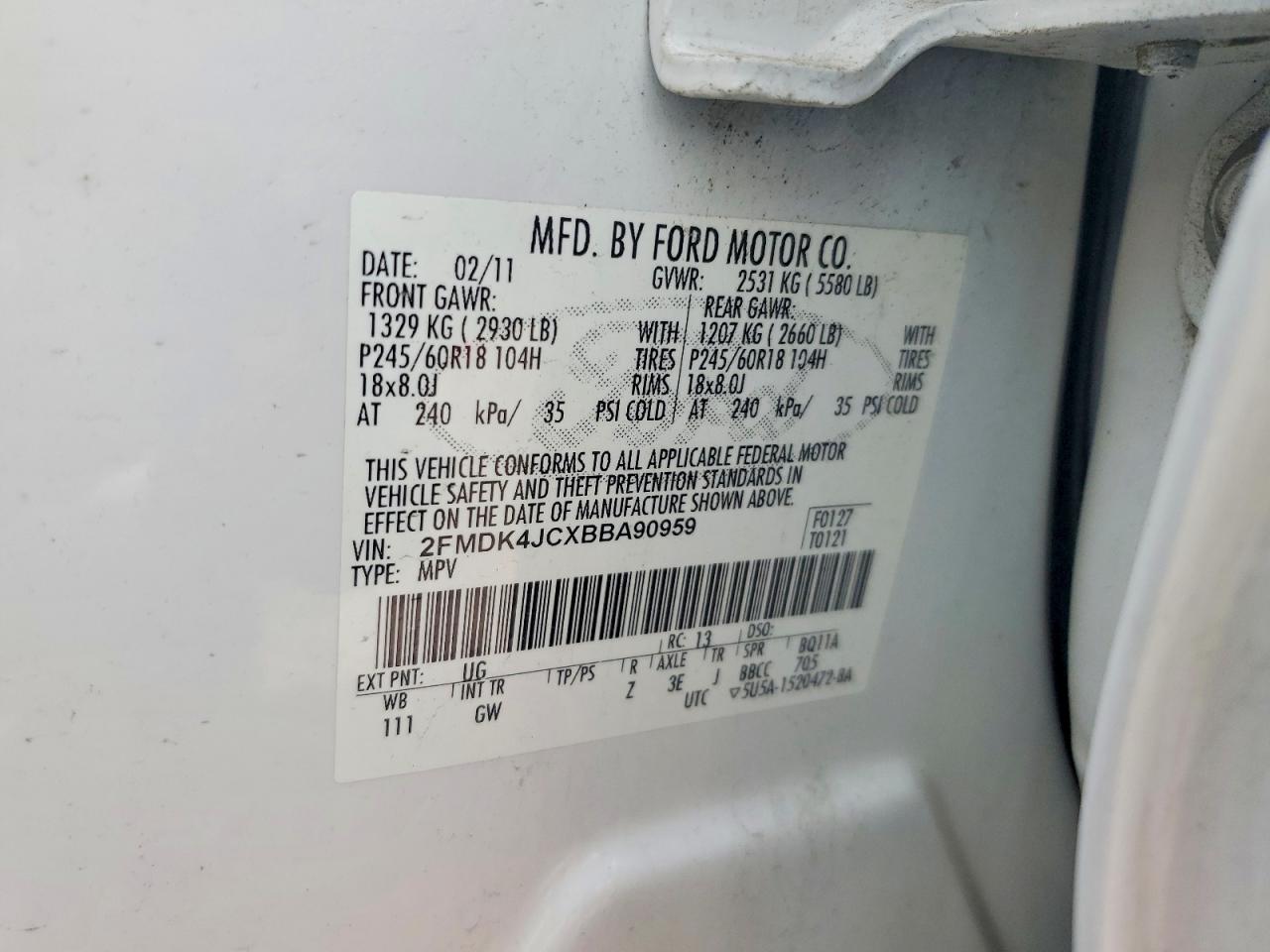 2011 Ford Edge Sel White vin: 2FMDK4JCXBBA90959