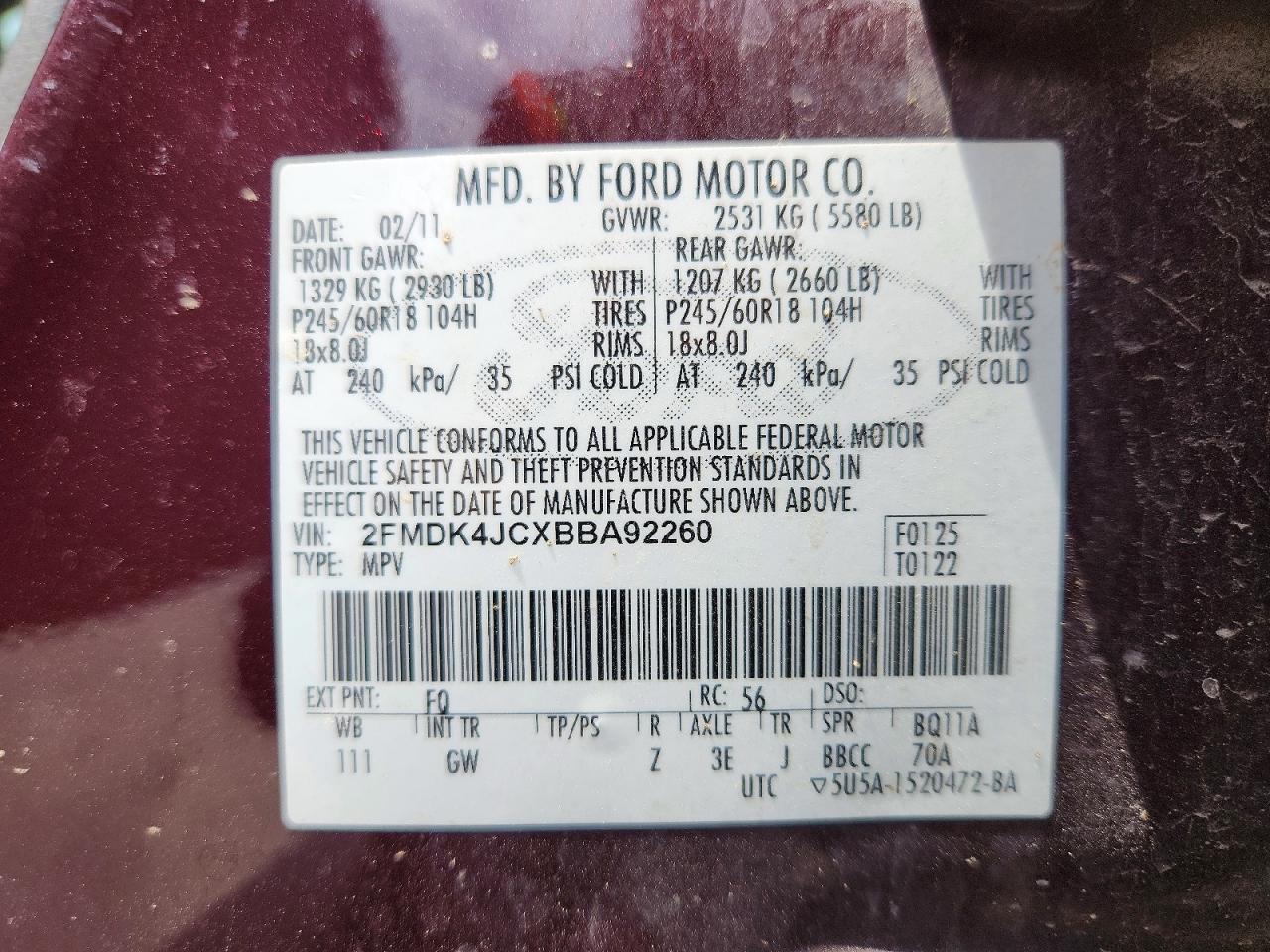 2011 Ford Edge Sel Maroon vin: 2FMDK4JCXBBA92260