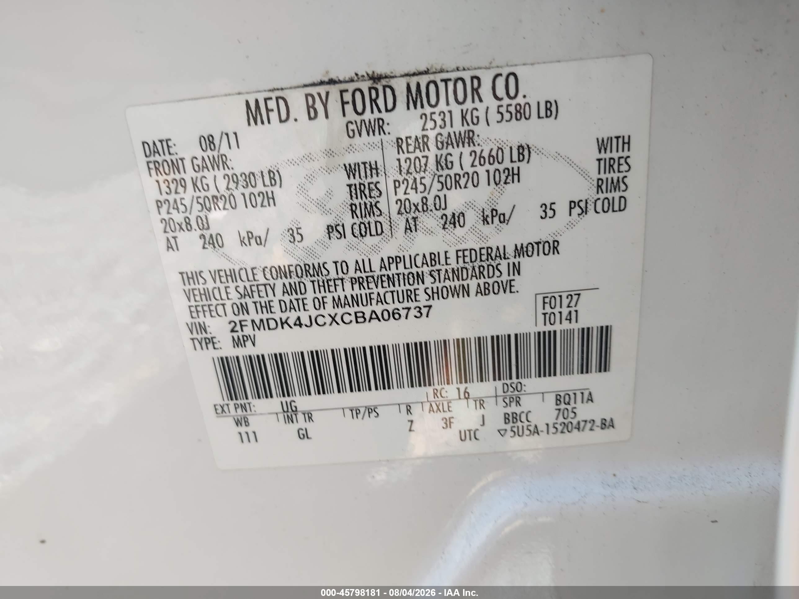 2012 Ford Edge Sel White vin: 2FMDK4JCXCBA06737