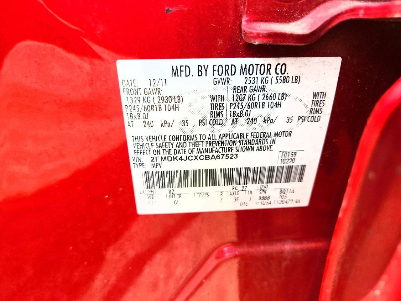 2012 Ford Edge Sel Red vin: 2FMDK4JCXCBA67523