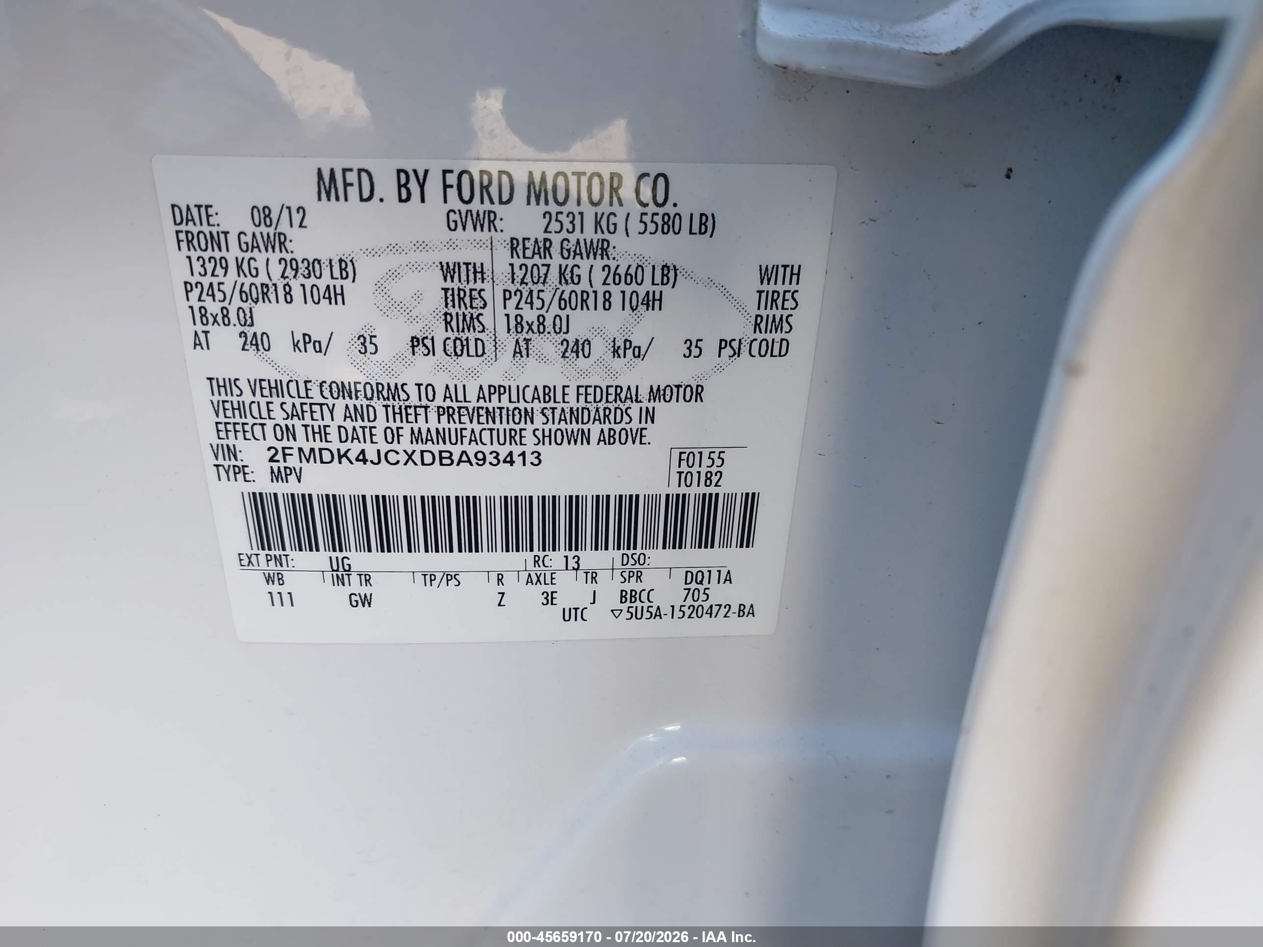 2013 Ford Edge Sel White vin: 2FMDK4JCXDBA93413