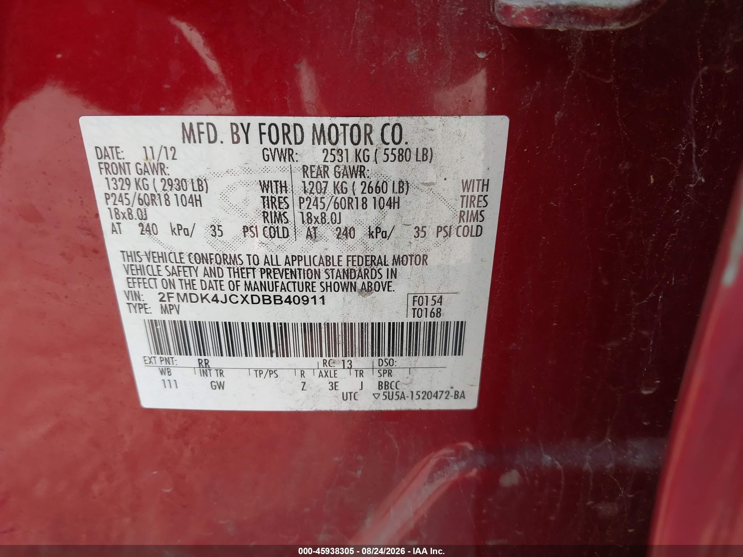 2013 Ford Edge Sel Red vin: 2FMDK4JCXDBB40911