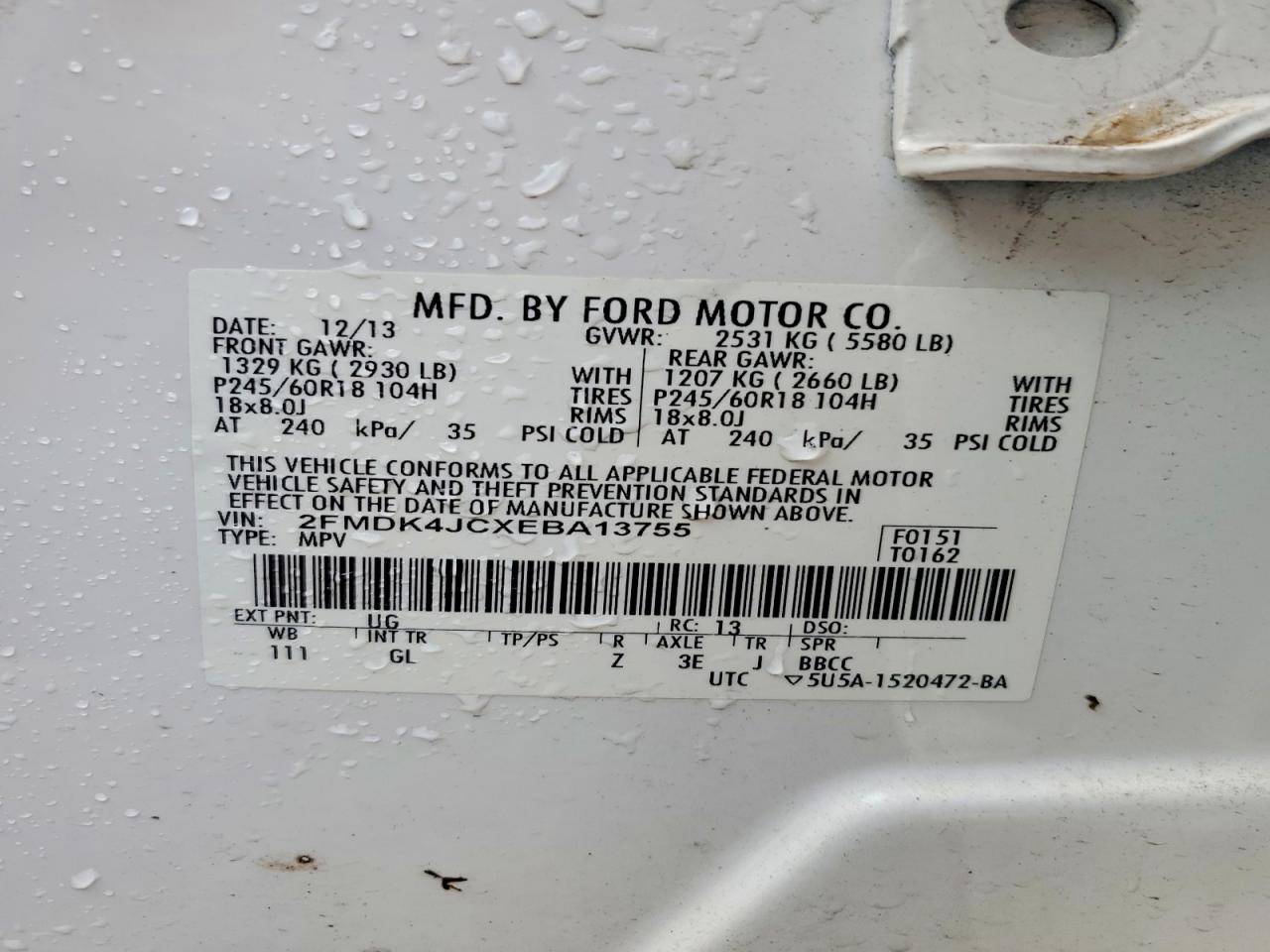 2014 Ford Edge Sel White vin: 2FMDK4JCXEBA13755
