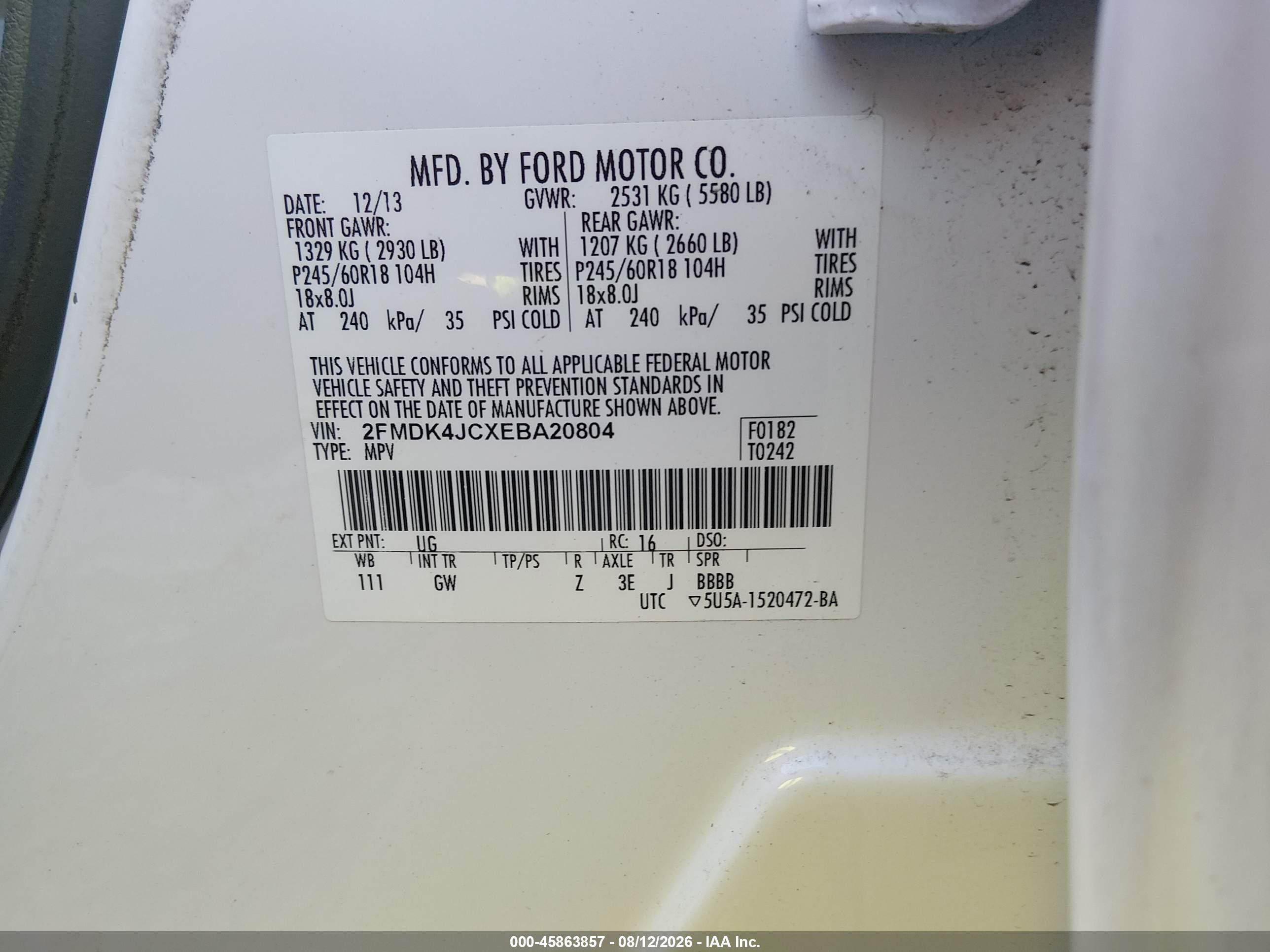 2014 Ford Edge Sel White vin: 2FMDK4JCXEBA20804