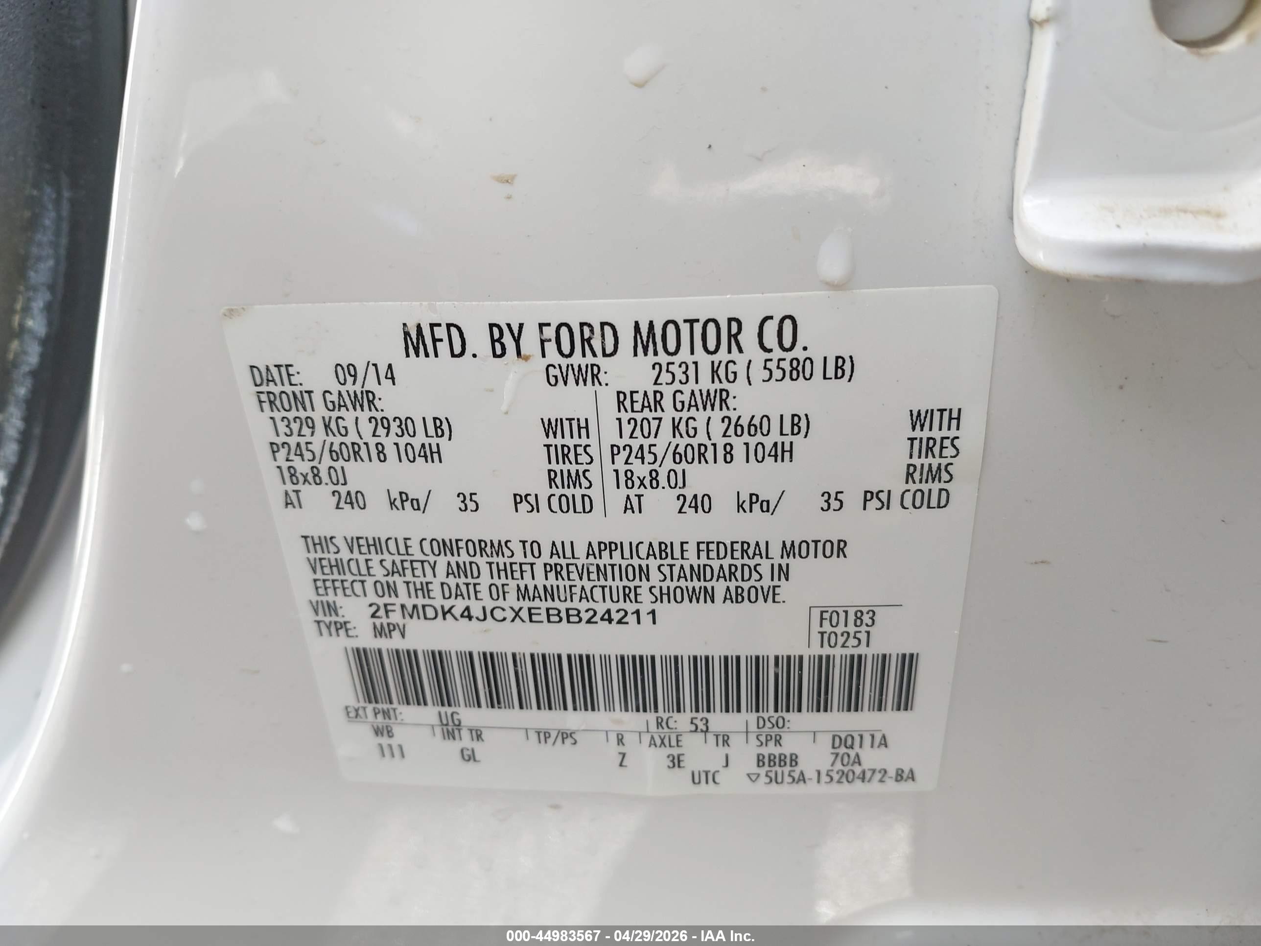2014 Ford Edge Sel White vin: 2FMDK4JCXEBB24211