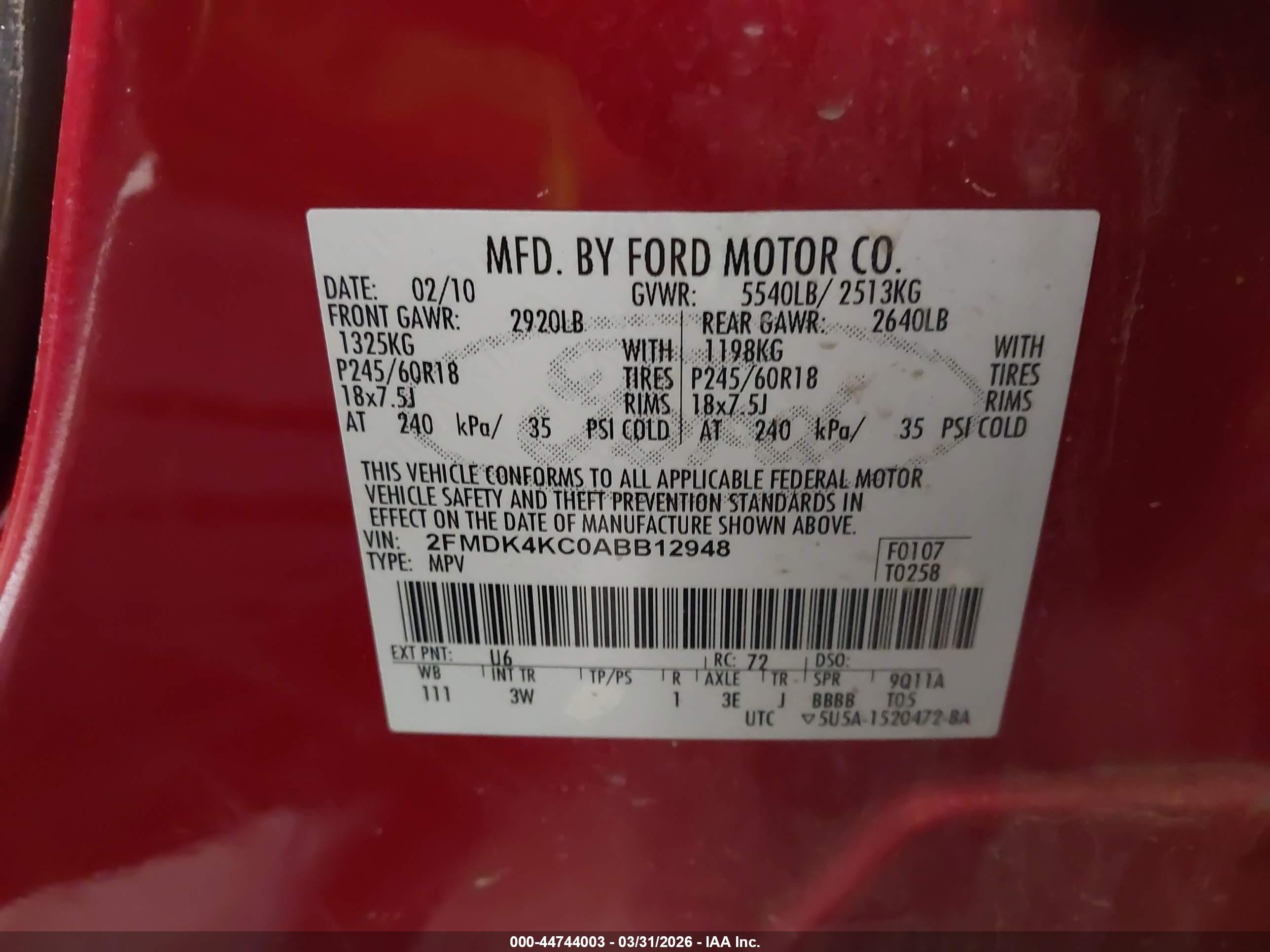 2010 Ford Edge Limited Red vin: 2FMDK4KC0ABB12948