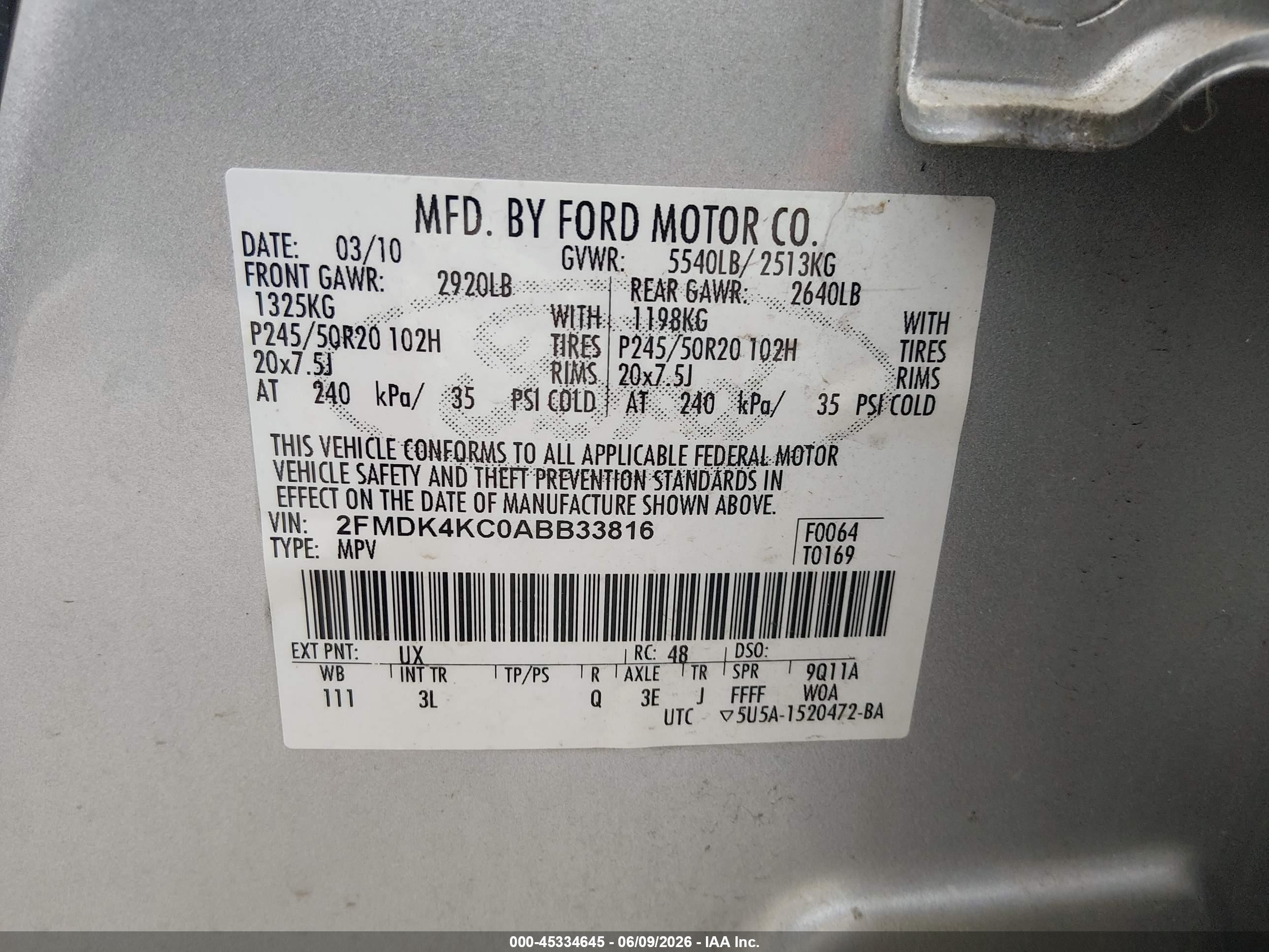 2010 Ford Edge Limited Gray vin: 2FMDK4KC0ABB33816