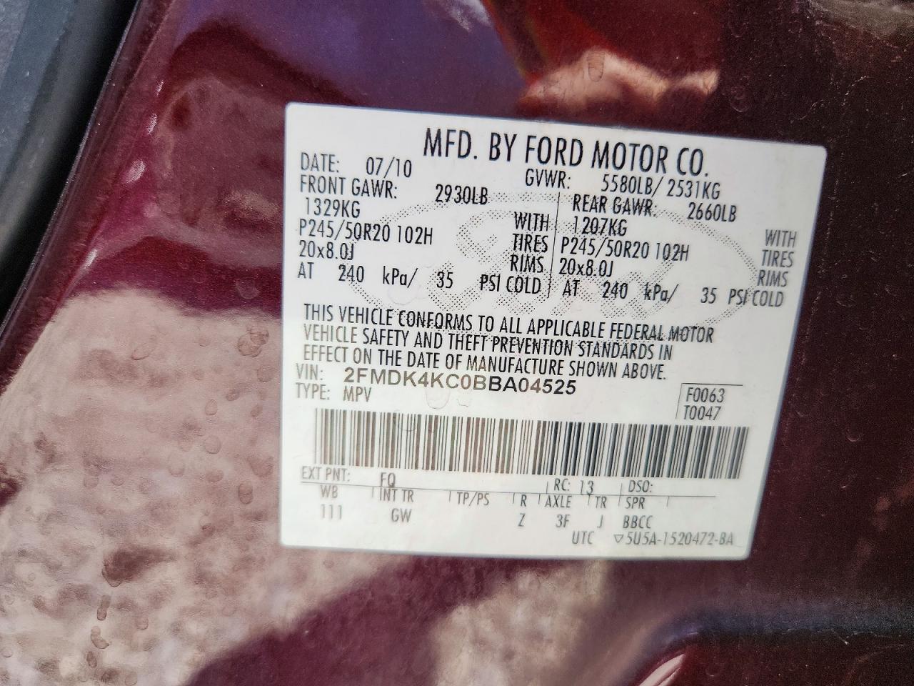 2011 Ford Edge Limited Maroon vin: 2FMDK4KC0BBA04525