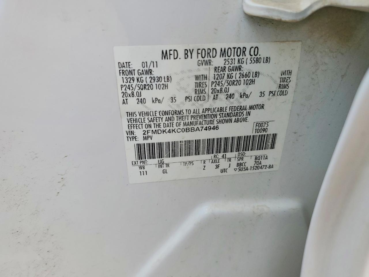2011 Ford Edge Limited White vin: 2FMDK4KC0BBA74946