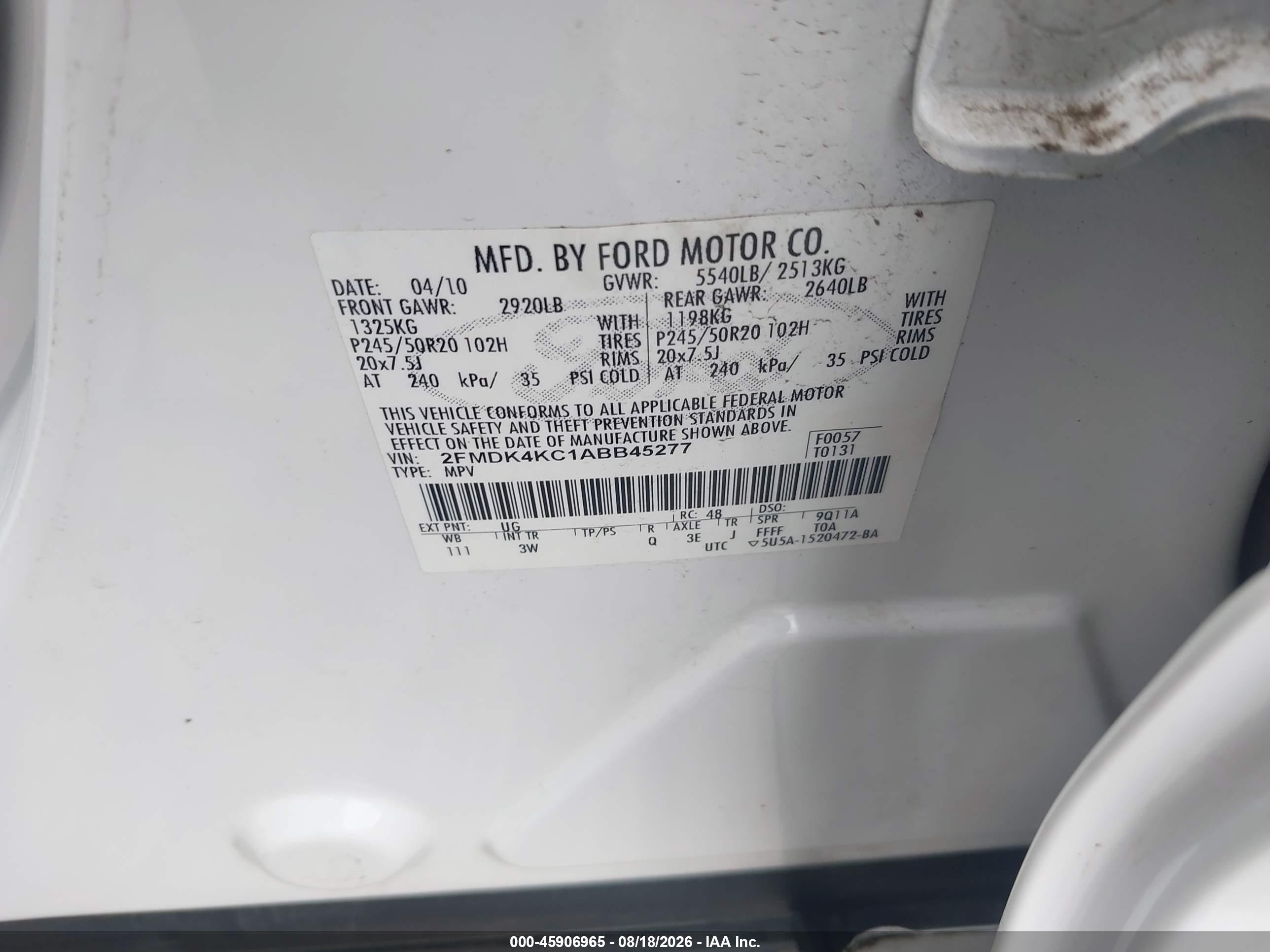 2010 Ford Edge Limited White vin: 2FMDK4KC1ABB45277