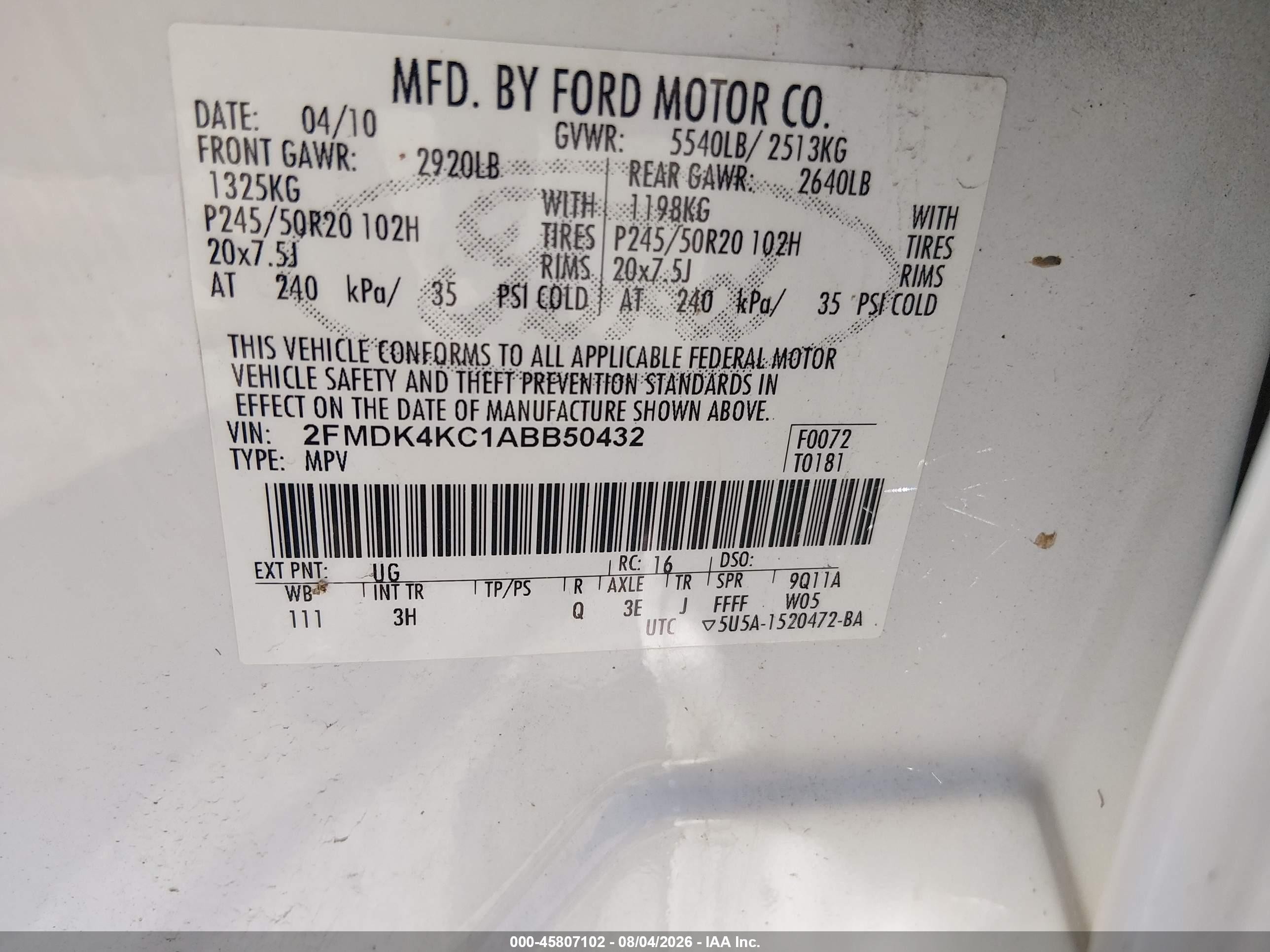 2010 Ford Edge Limited White vin: 2FMDK4KC1ABB50432