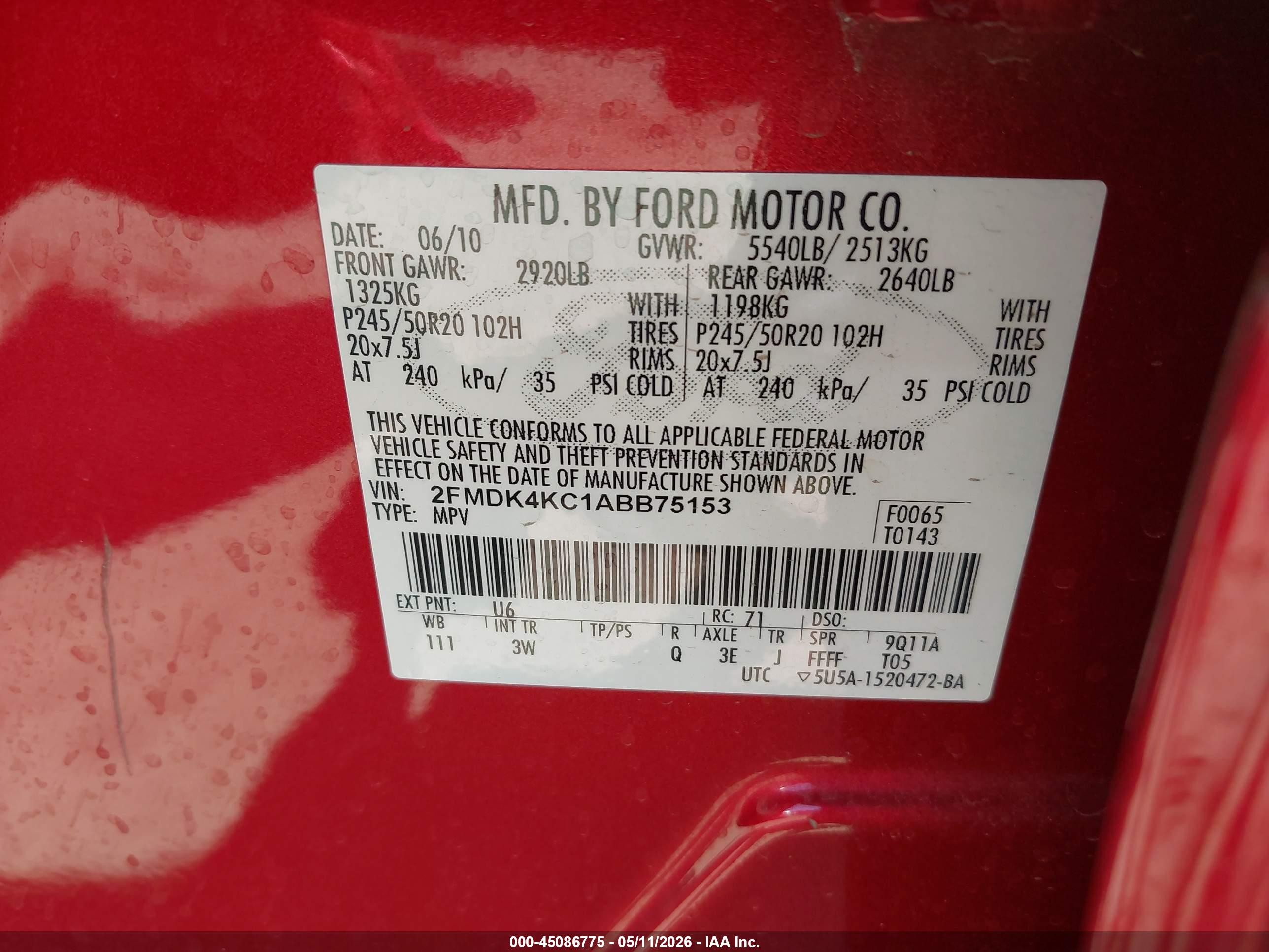 2010 Ford Edge Limited Red vin: 2FMDK4KC1ABB75153
