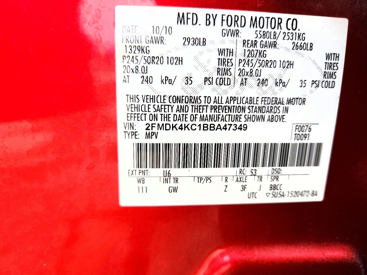 2011 Ford Edge Limited Red vin: 2FMDK4KC1BBA47349