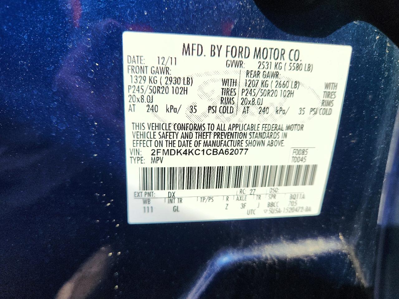 2012 Ford Edge Limited Blue vin: 2FMDK4KC1CBA62077