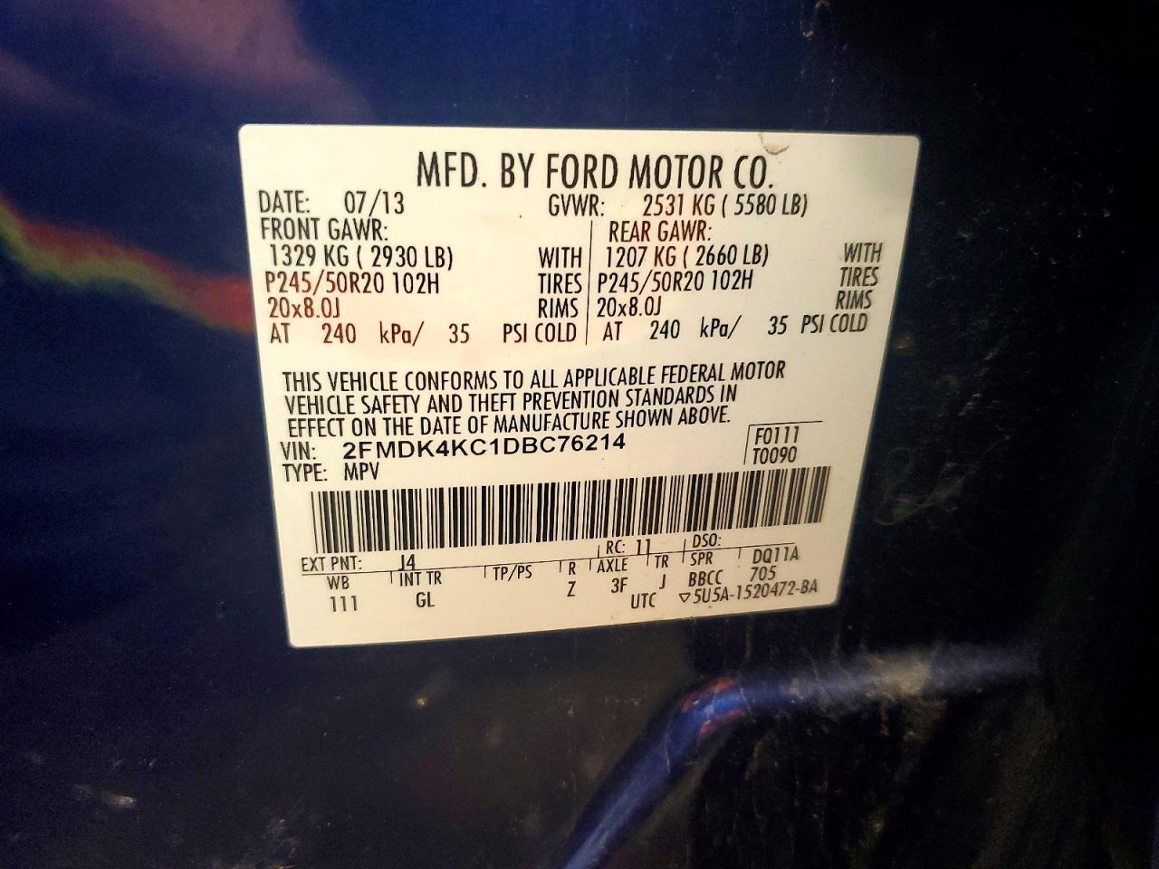 2013 Ford Edge Limited Blue vin: 2FMDK4KC1DBC76214