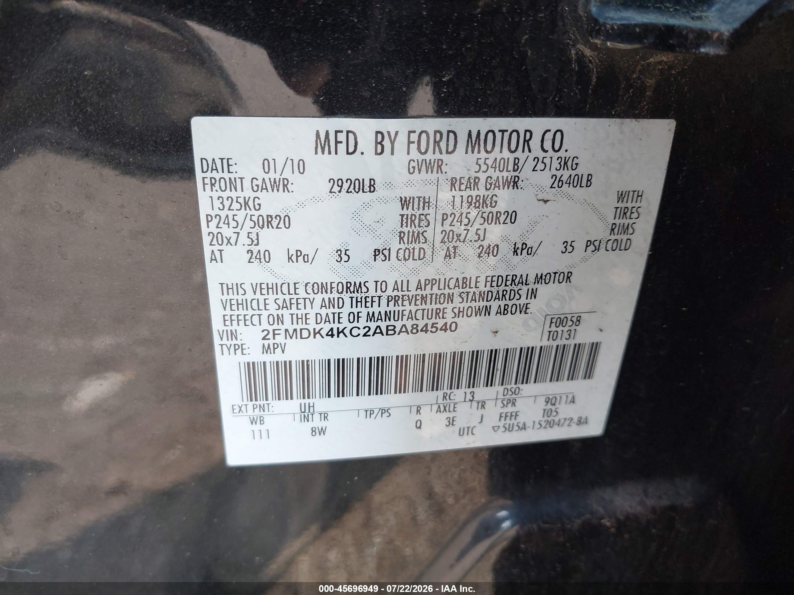 2010 Ford Edge Limited Black vin: 2FMDK4KC2ABA84540