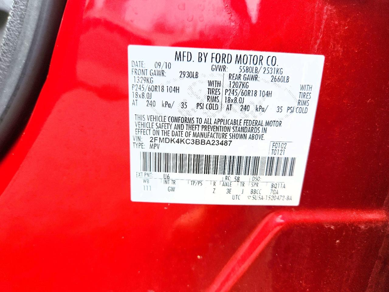 2011 Ford Edge Limited Red vin: 2FMDK4KC3BBA23487
