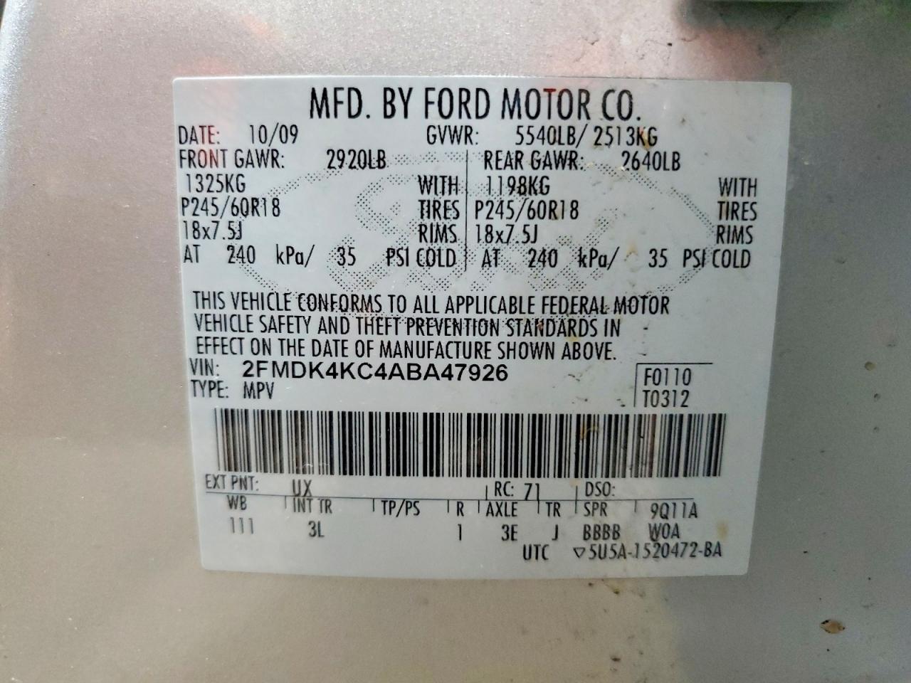 2010 Ford Edge Limited Silver vin: 2FMDK4KC4ABA47926