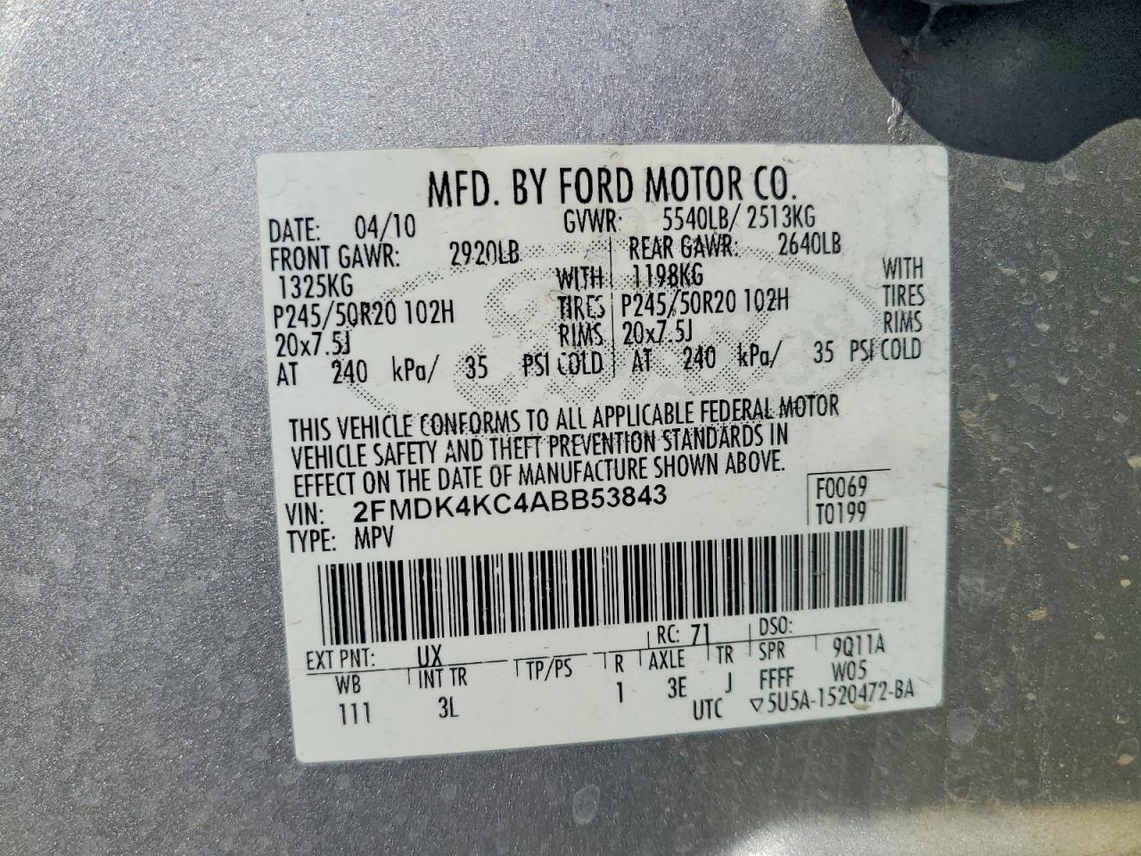 2010 Ford Edge Limited Silver vin: 2FMDK4KC4ABB53843