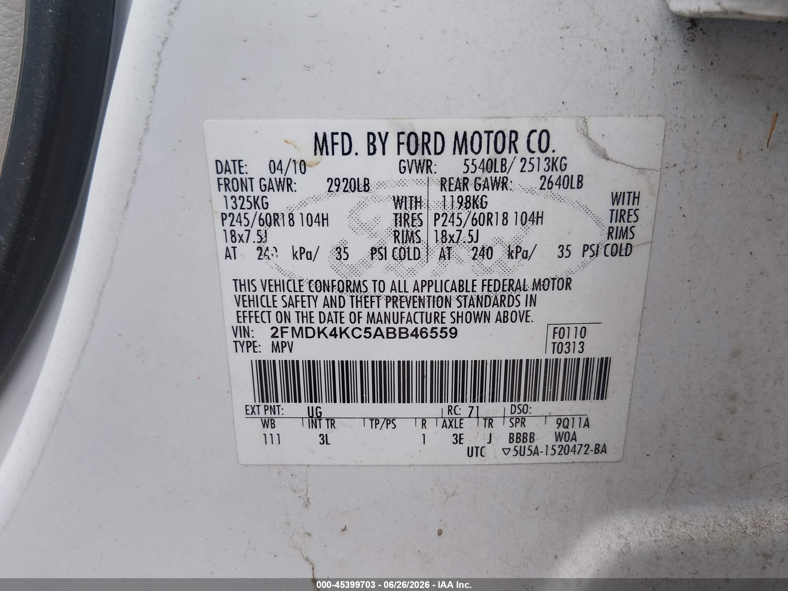 2010 Ford Edge Limited White vin: 2FMDK4KC5ABB46559