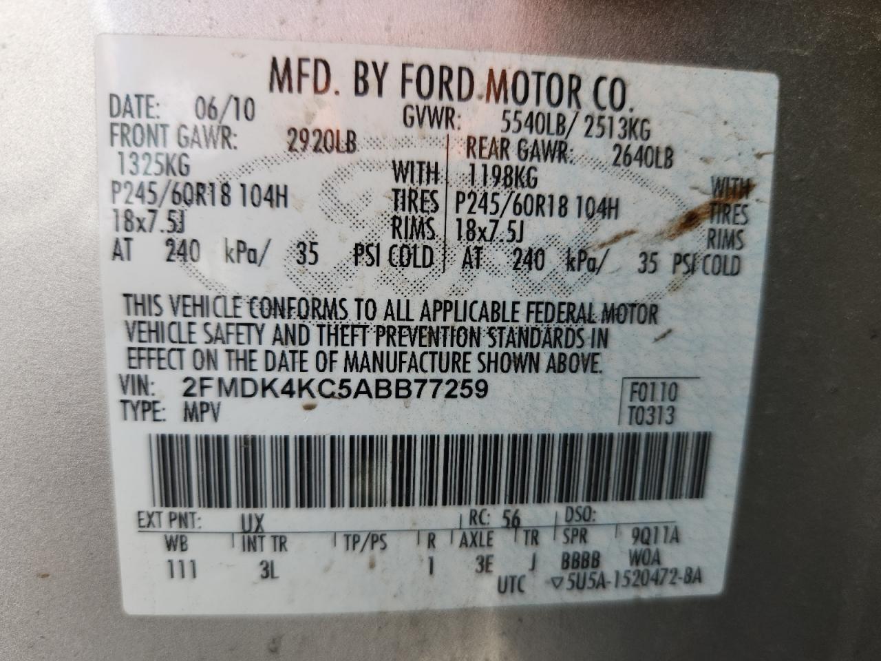 2010 Ford Edge Limited Серебряный vin: 2FMDK4KC5ABB77259