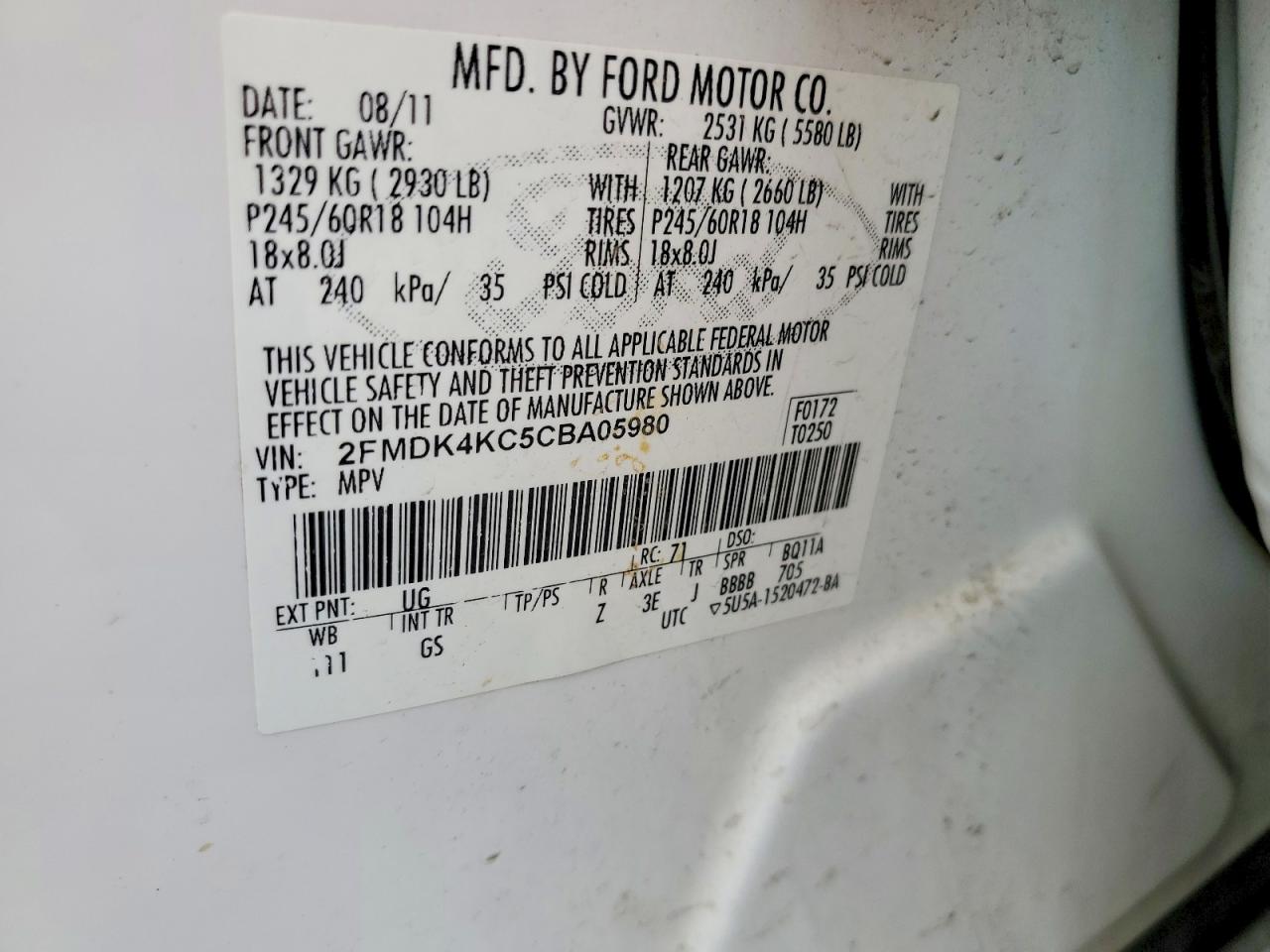 2012 Ford Edge Limited White vin: 2FMDK4KC5CBA05980