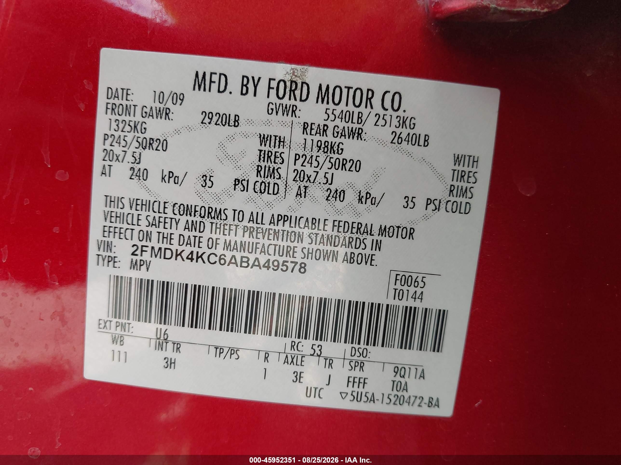 2010 Ford Edge Limited Red vin: 2FMDK4KC6ABA49578