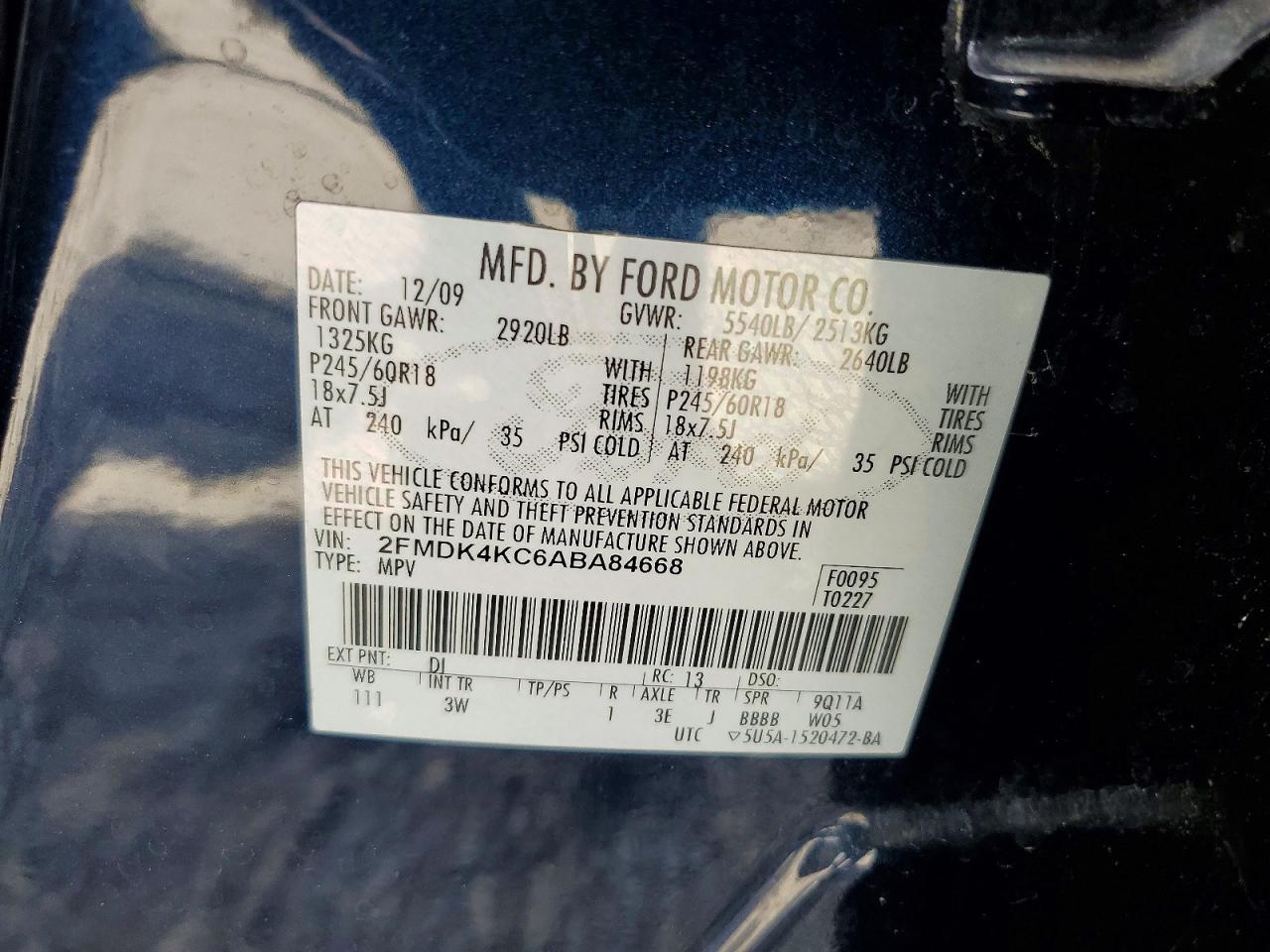 2010 Ford Edge Limited Blue vin: 2FMDK4KC6ABA84668