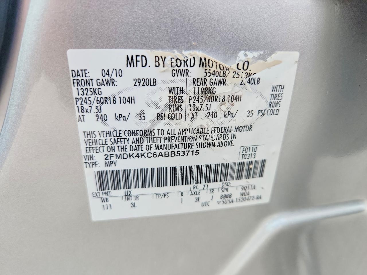 2010 Ford Edge Limited Серебряный vin: 2FMDK4KC6ABB53715