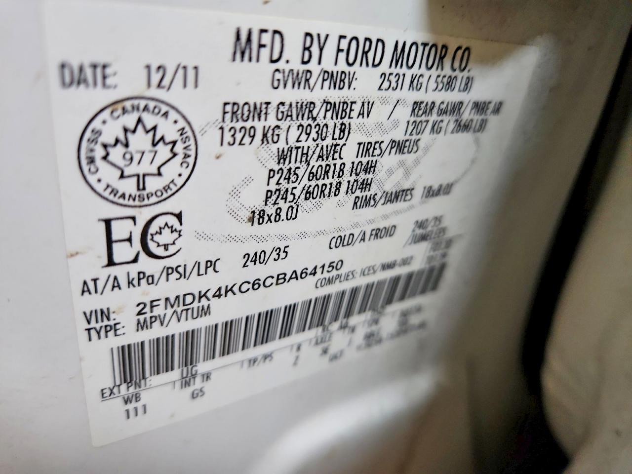 2012 Ford Edge Limited Белый vin: 2FMDK4KC6CBA64150