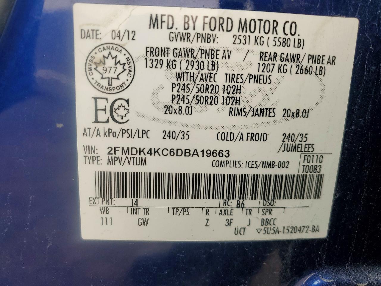 2013 Ford Edge Limited Blue vin: 2FMDK4KC6DBA19663