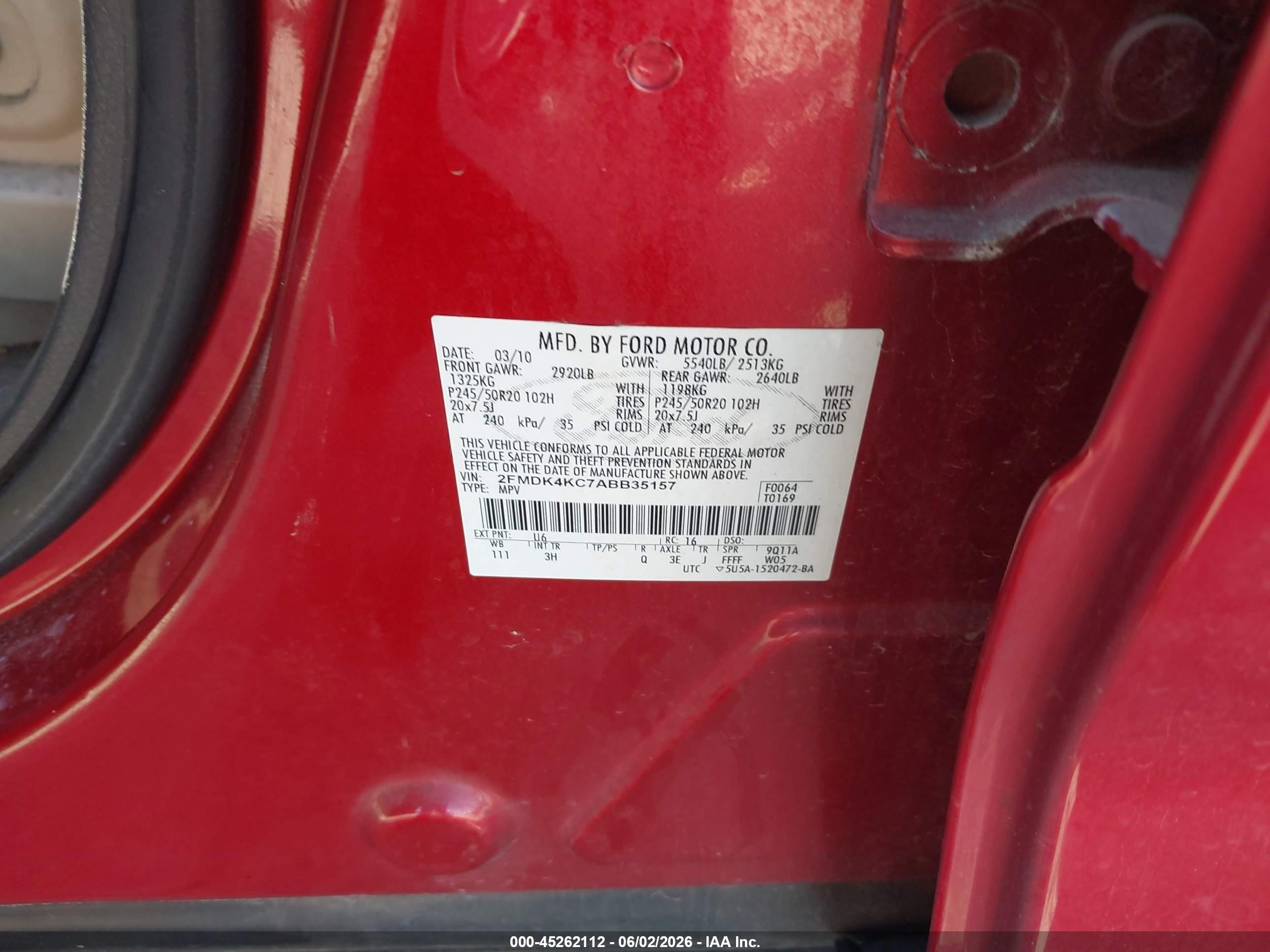 2010 Ford Edge Limited Red vin: 2FMDK4KC7ABB35157