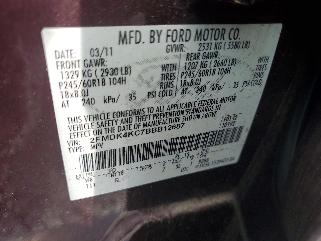 2011 Ford Edge Limited Темно-бордовый vin: 2FMDK4KC7BBB12687
